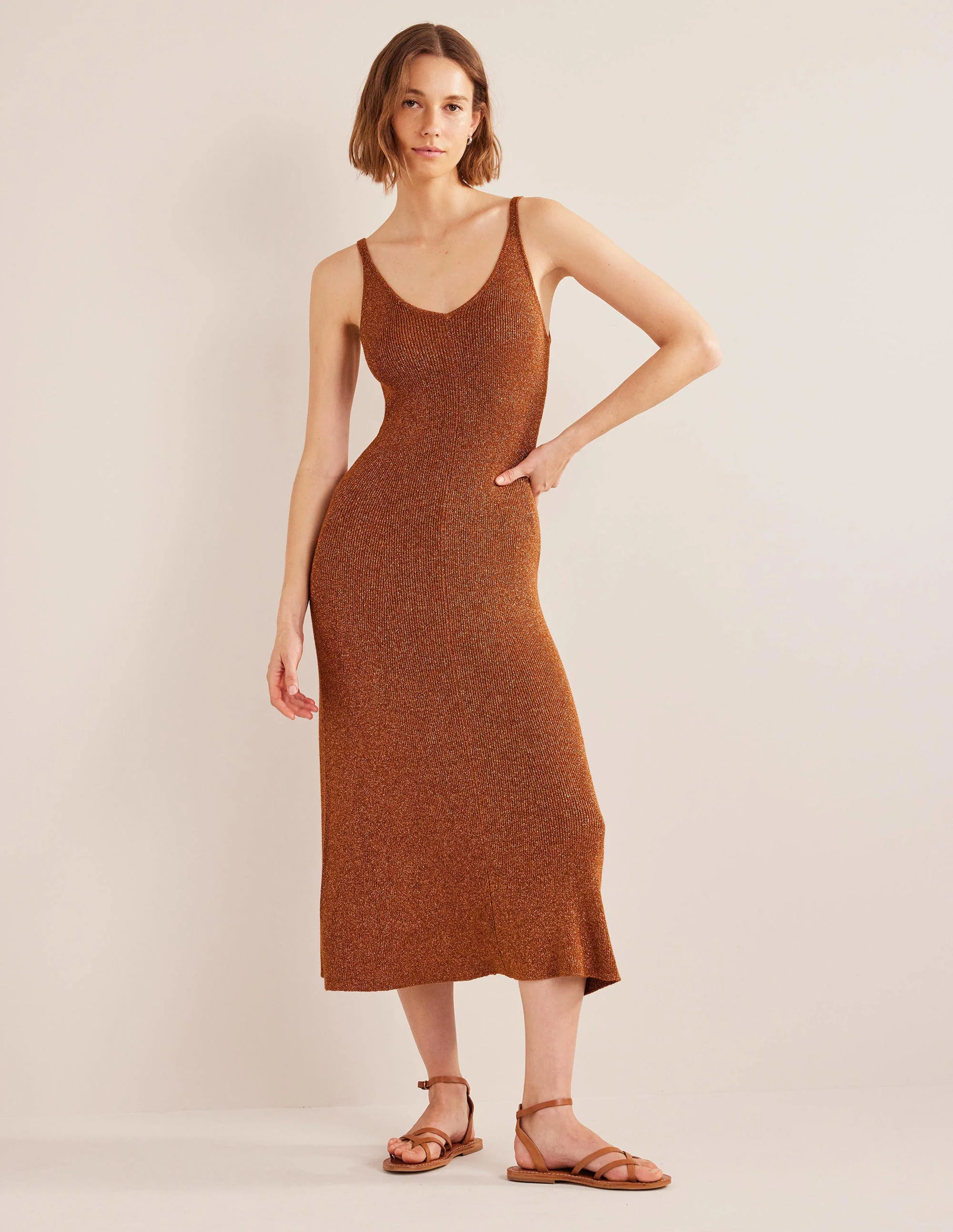 Glitzerndes Strick-Midikleid-Cognac-Bronze, Goldglitzer