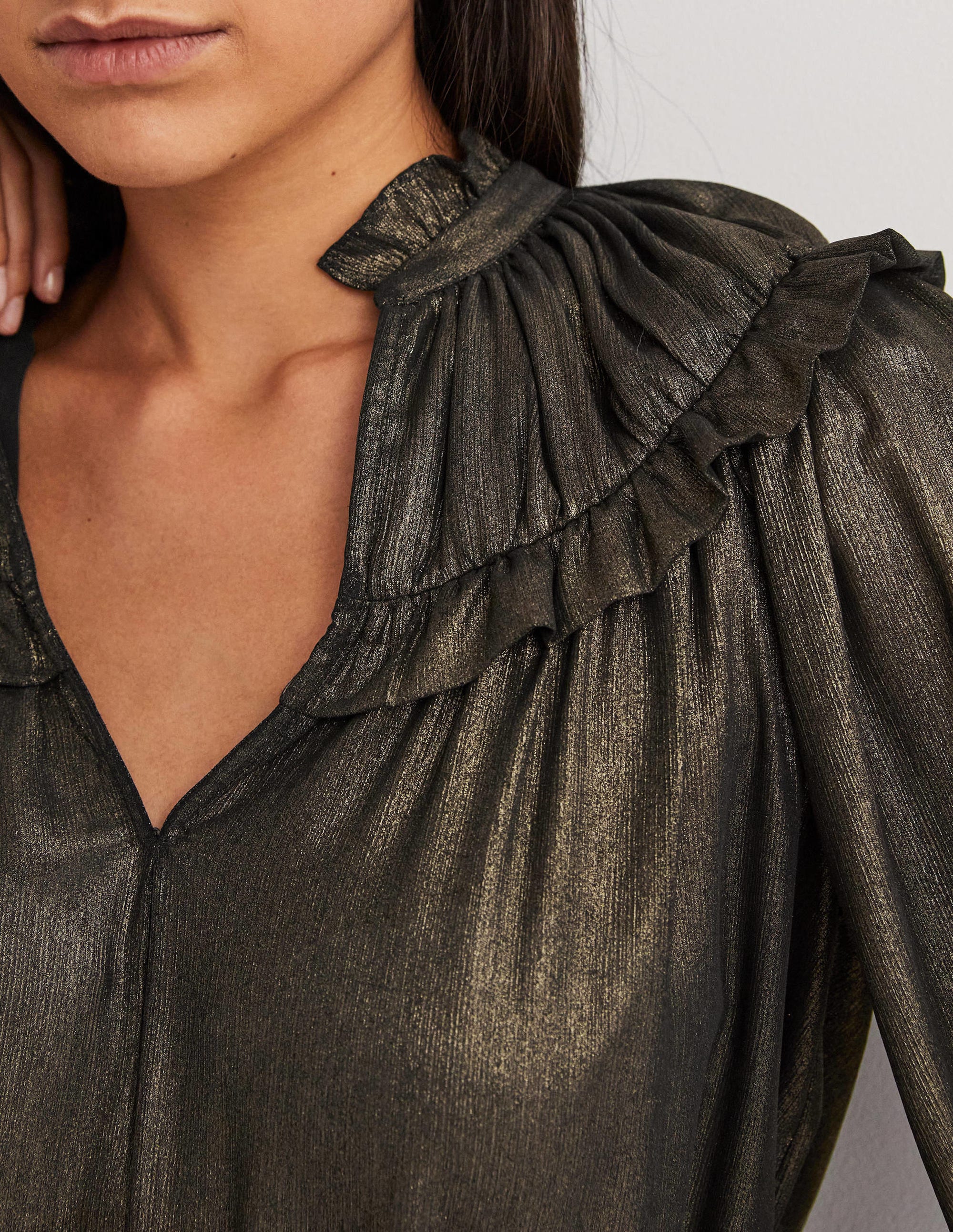Gold Ruffle Collar Metallic Top-Gold - Image 2