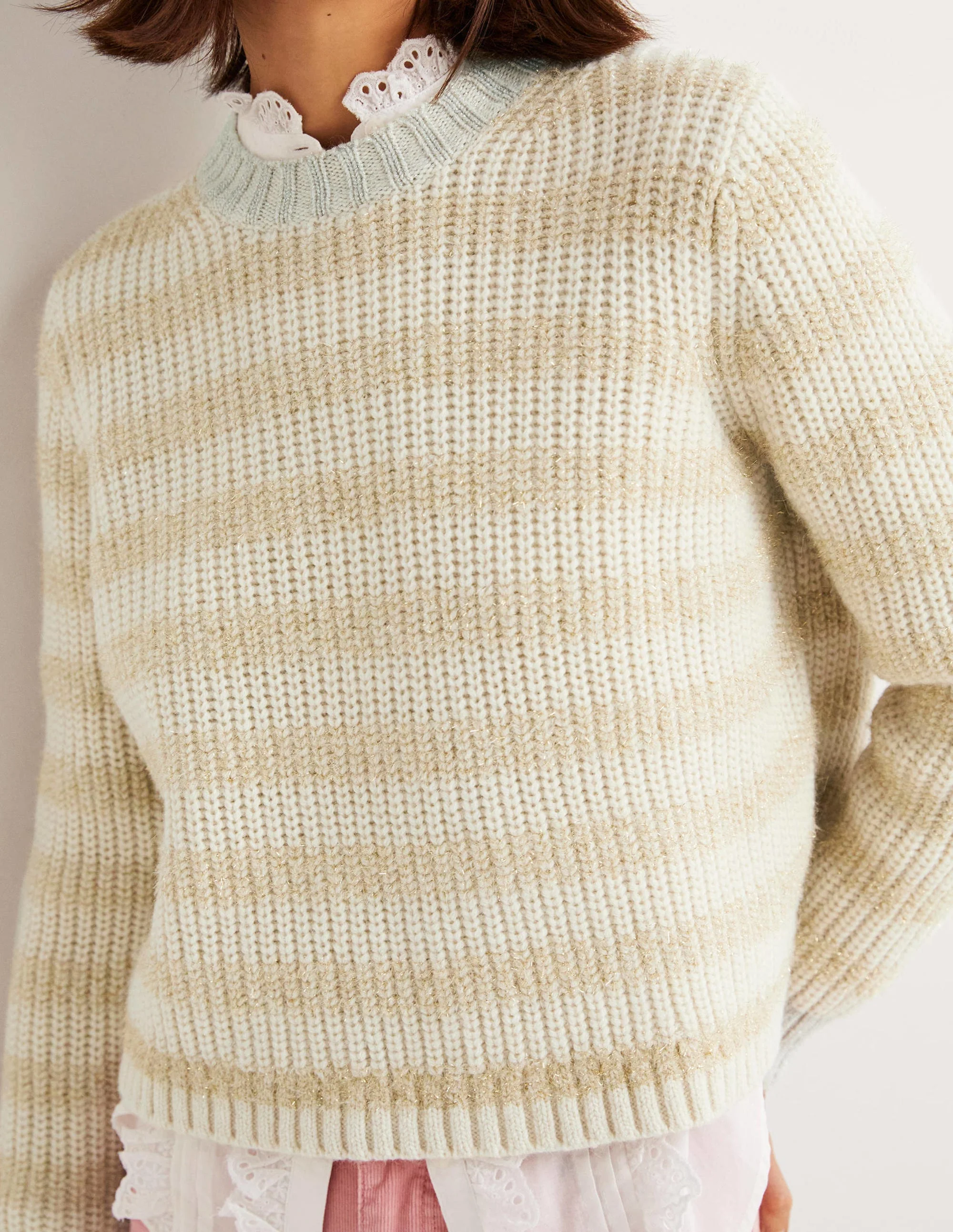Gold Sparkle Stripe Ribbed Jumper-Naturweiß/Gold, Lamettastreifen - Image 2