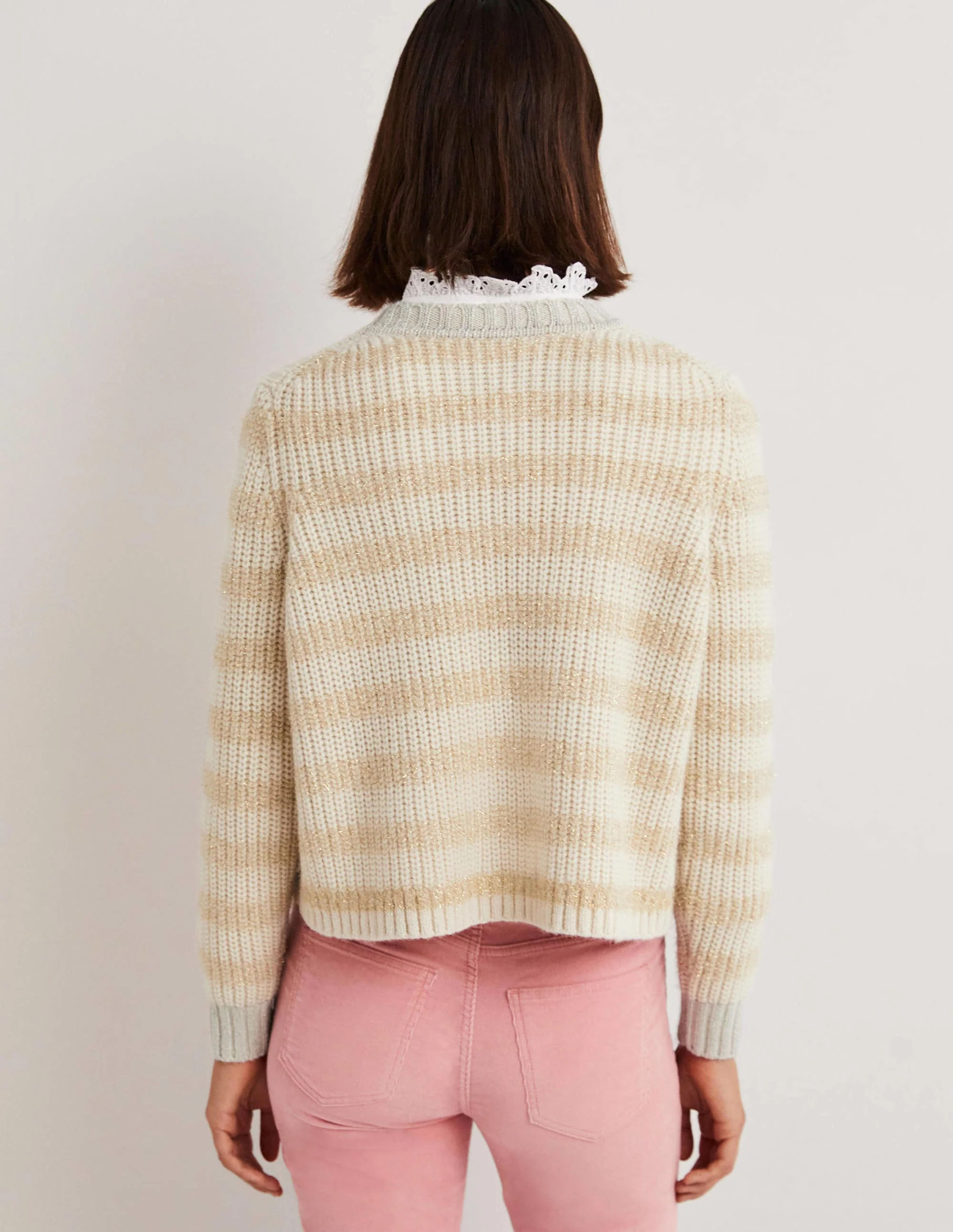 Gold Sparkle Stripe Ribbed Jumper-Naturweiß/Gold, Lamettastreifen - Image 3