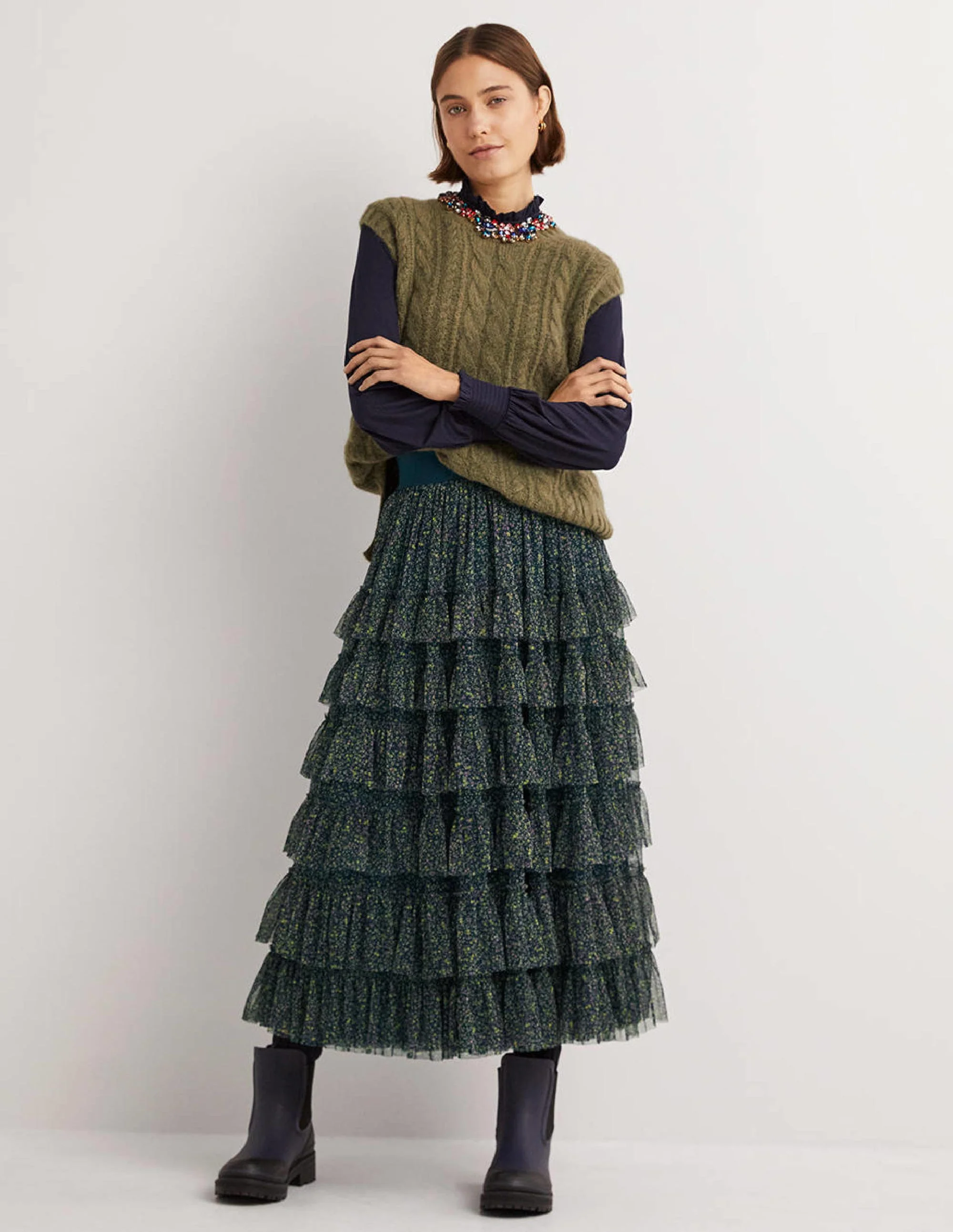 Green Ditsy Floral Tulle Midi Skirt-Algengrün, Wildranke