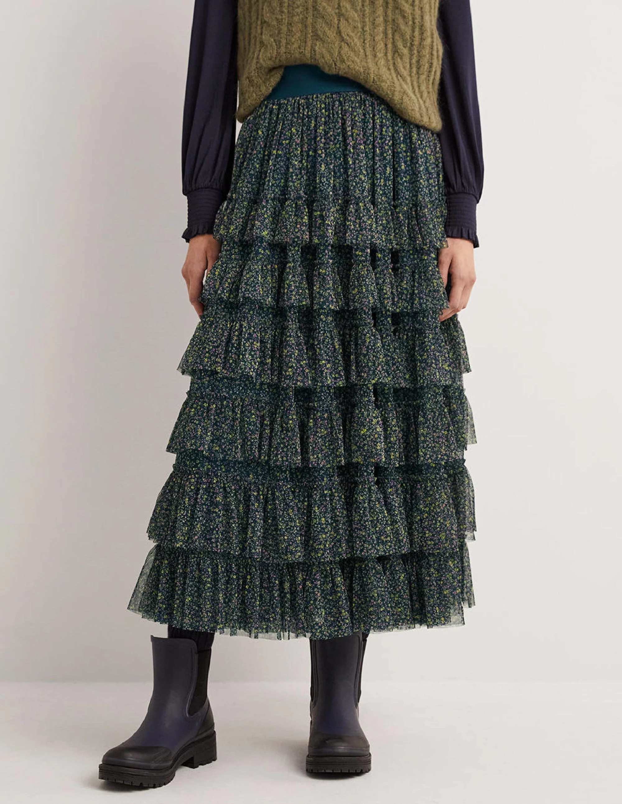 Green Ditsy Floral Tulle Midi Skirt-Algengrün, Wildranke - Image 3