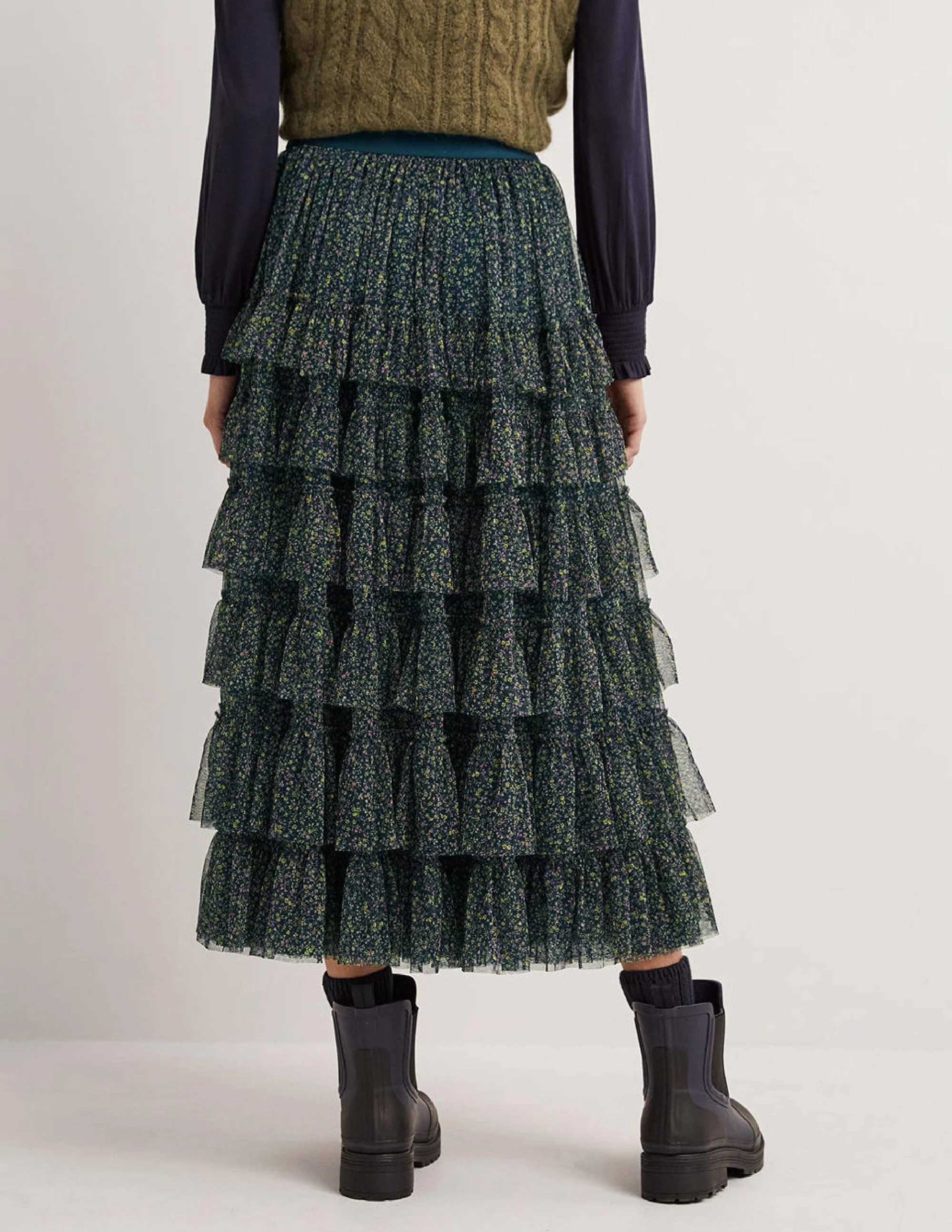 Green Ditsy Floral Tulle Midi Skirt-Algengrün, Wildranke - Image 4