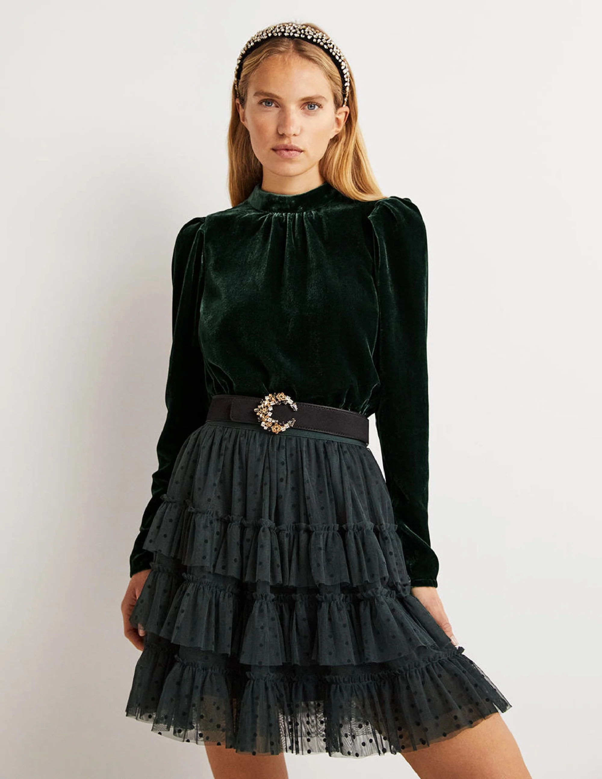 Green Mutton Sleeve Velvet Top-Onyxgrün