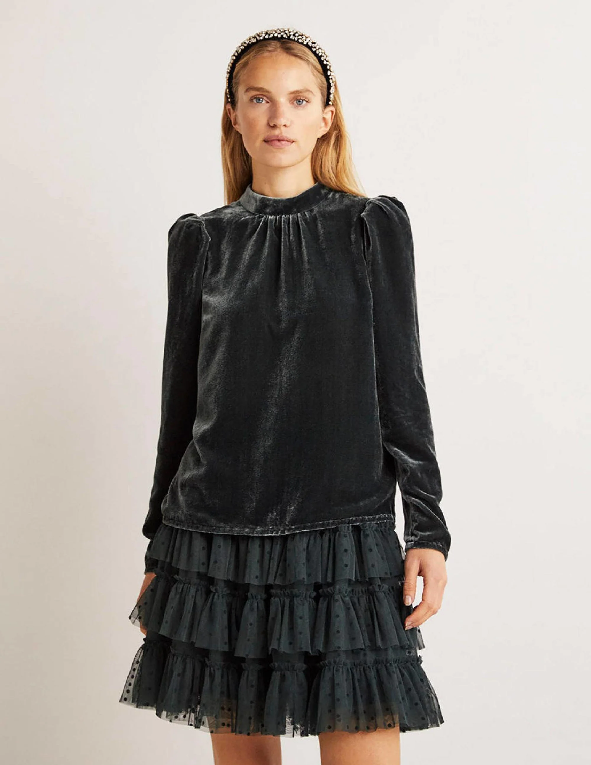 Green Mutton Sleeve Velvet Top-Onyxgrün - Image 5