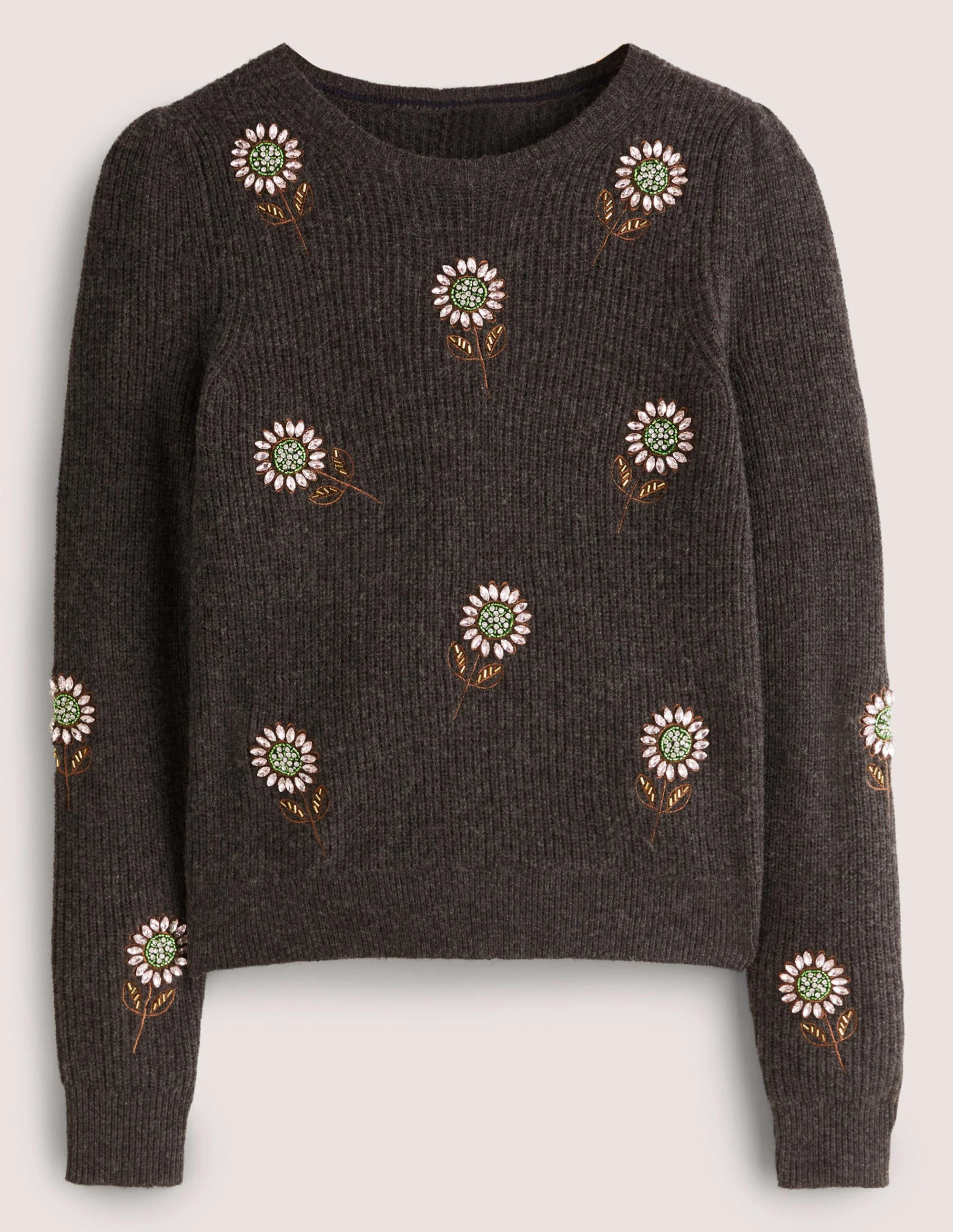 Grey Embellished Flower Ribbed Jumper-Anthrazit, Blumenverzierung - Image 6