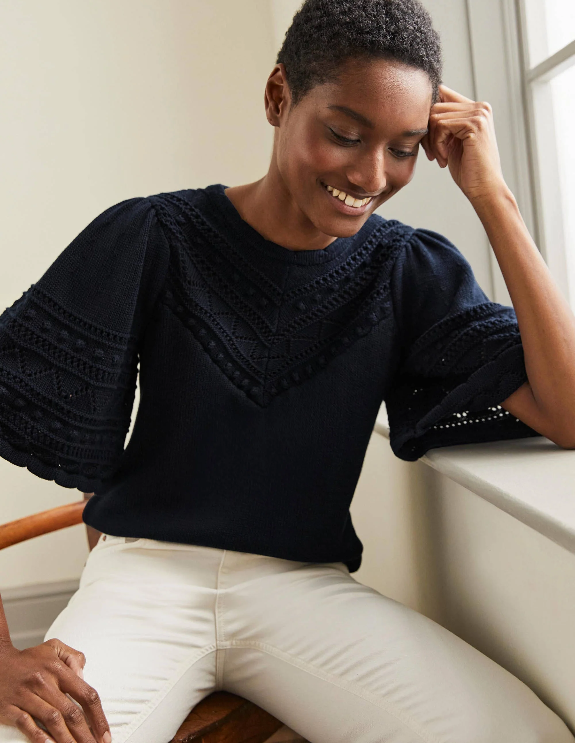 Häkel-Pullover mit weiten Ärmeln-Marineblau - Image 4