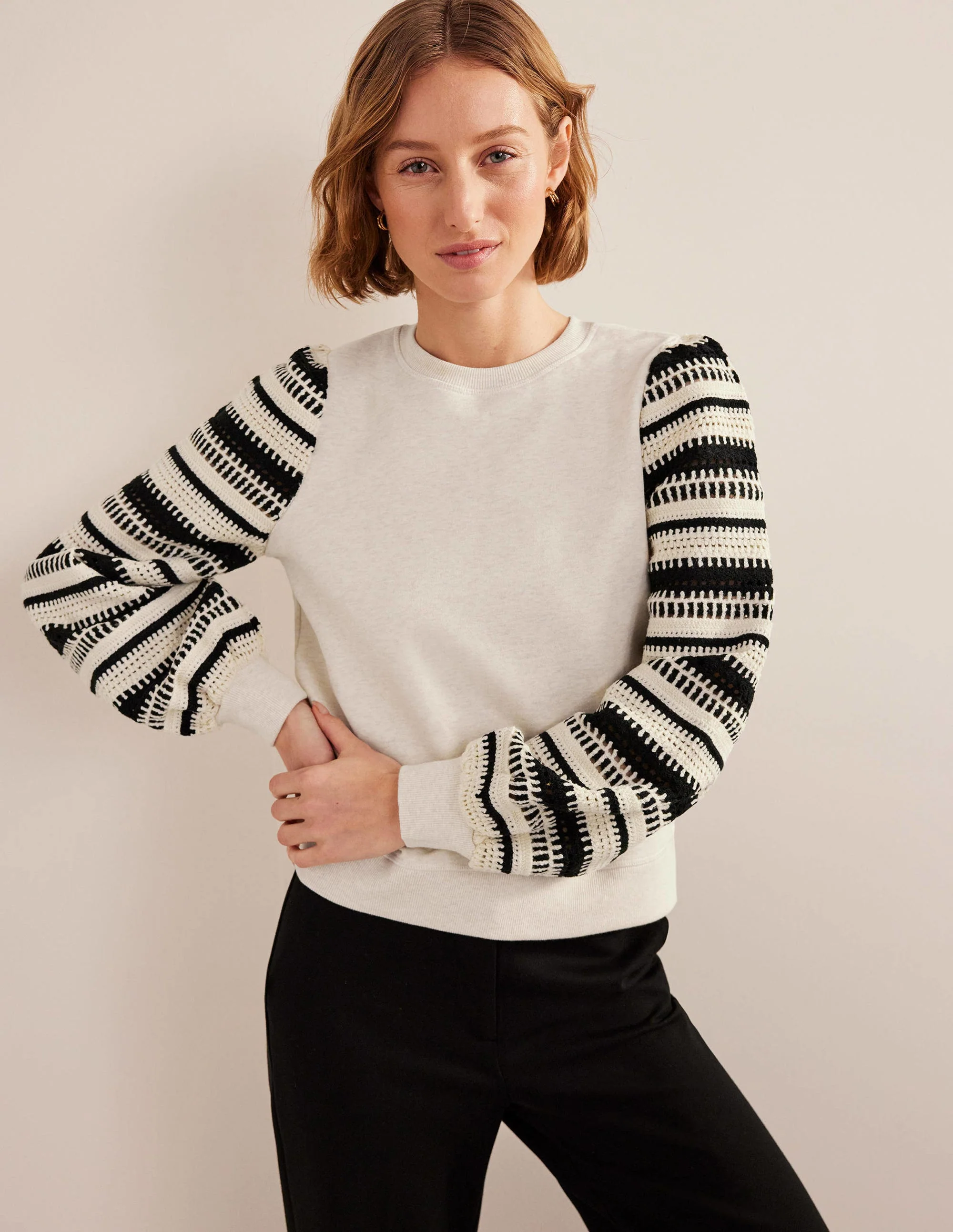 Häkel-Sweatshirt-Hellbeige Meliert, Häkelärmel - Image 4