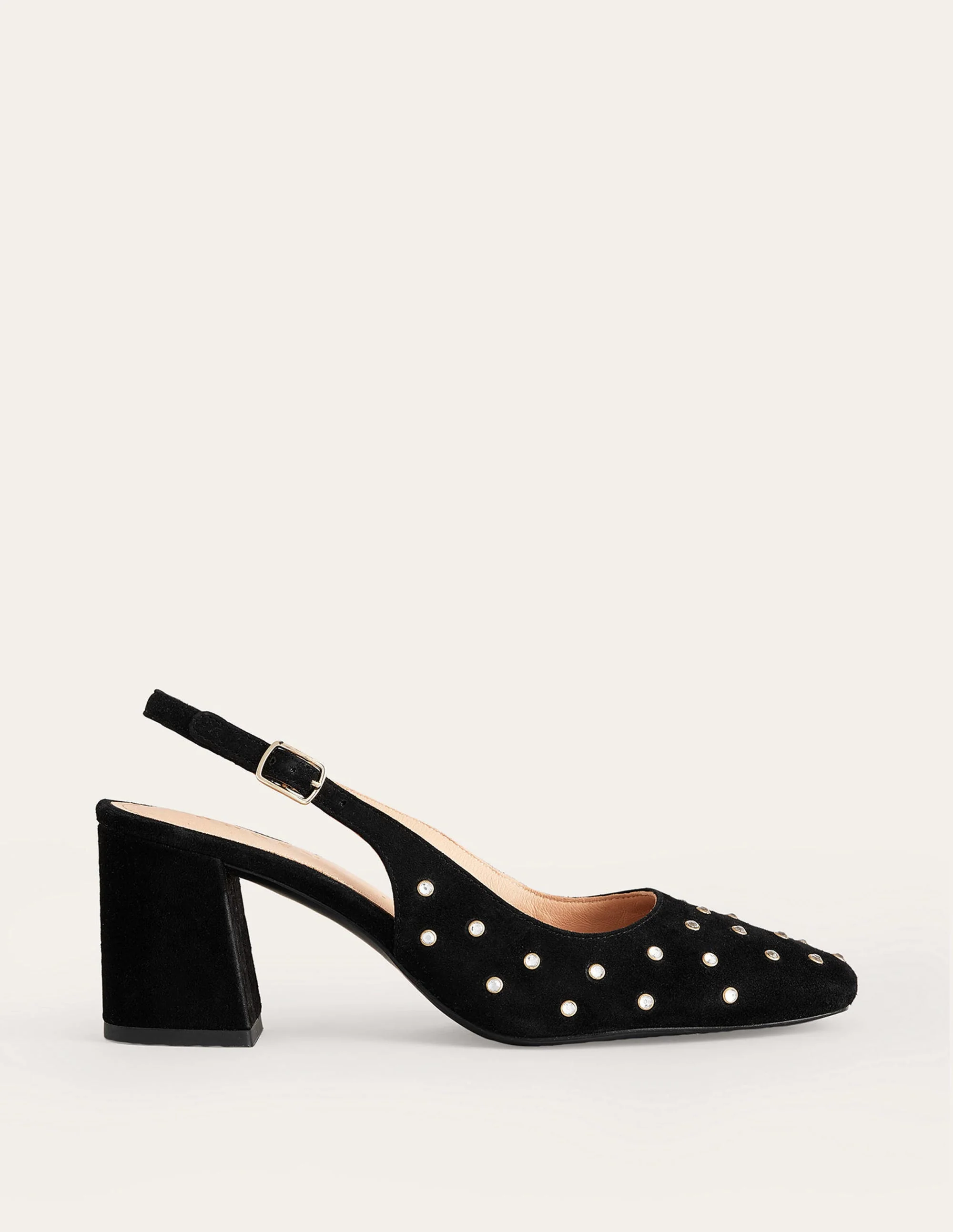 Halbhohe Riemchen-Pumps-Schwarzes Veloursleder, Kristalle - Image 2