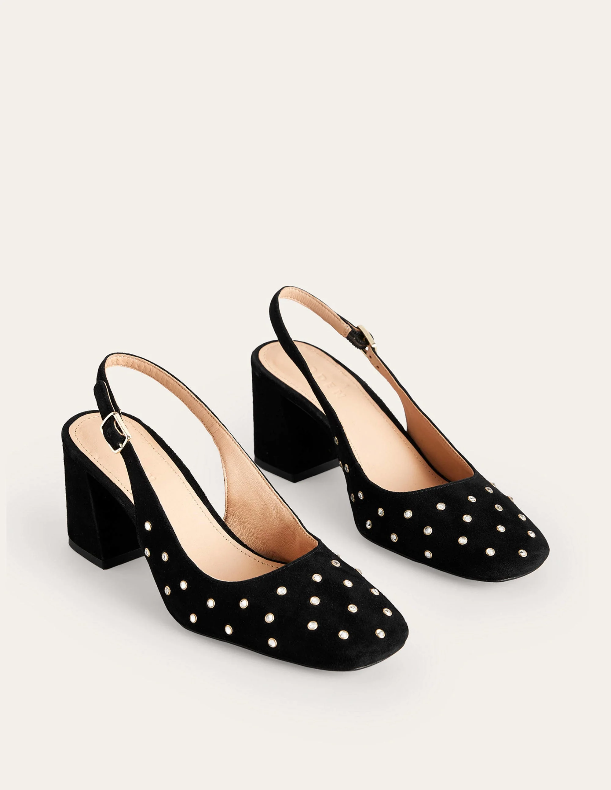 Halbhohe Riemchen-Pumps-Schwarzes Veloursleder, Kristalle - Image 3