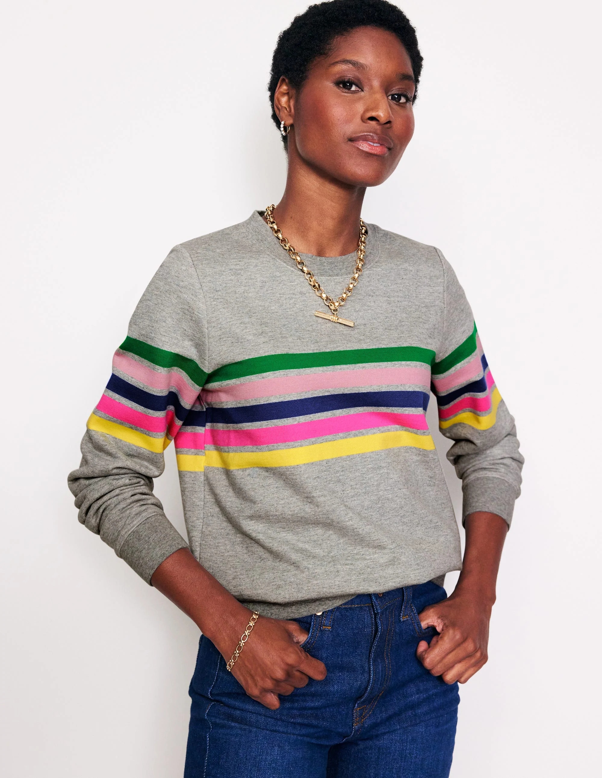 Hannah Sweatshirt mit Print-Grau, Bunte Streifen