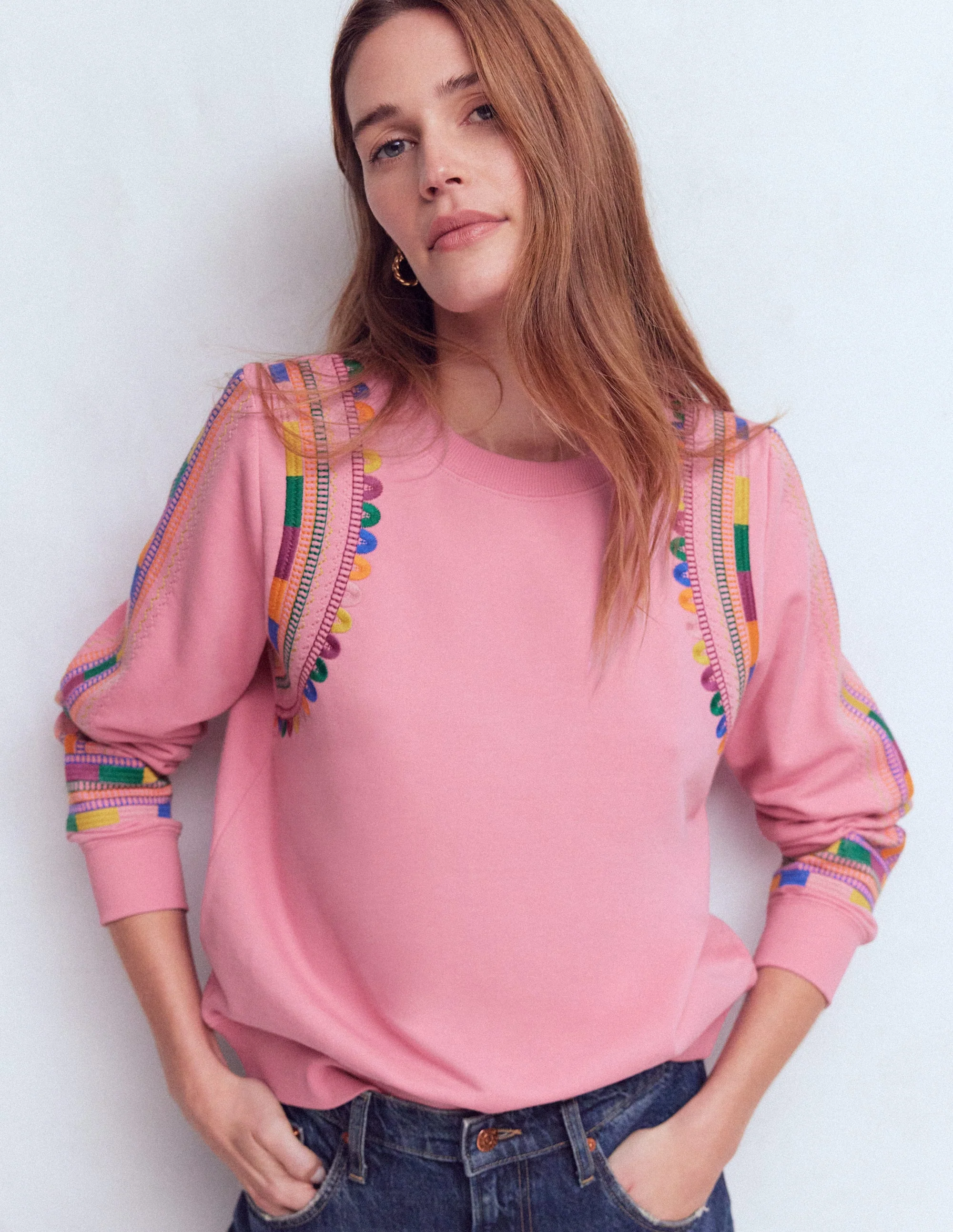 Hannah Sweatshirt mit Stickerei-Orchideenrosa Stickerei