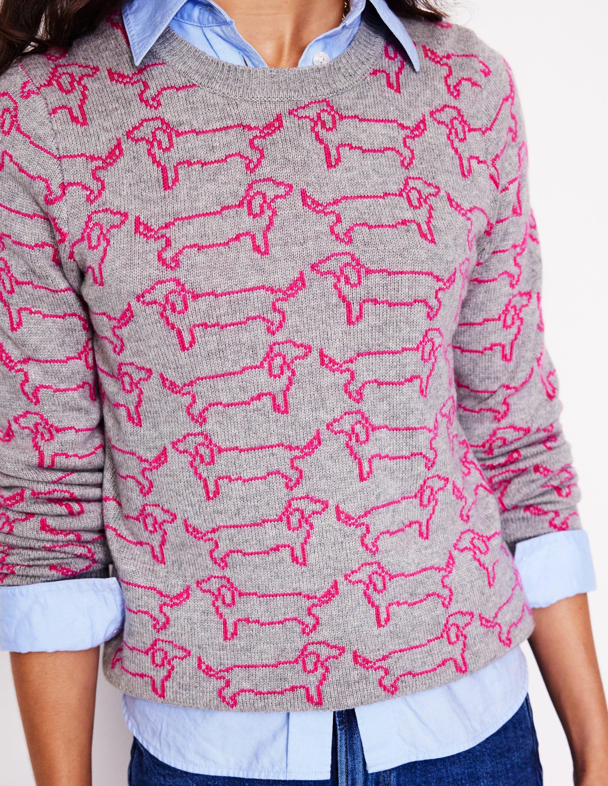 Heather Jacquard-Pullover-Grau Meliert, Rosa Dackel - Image 2