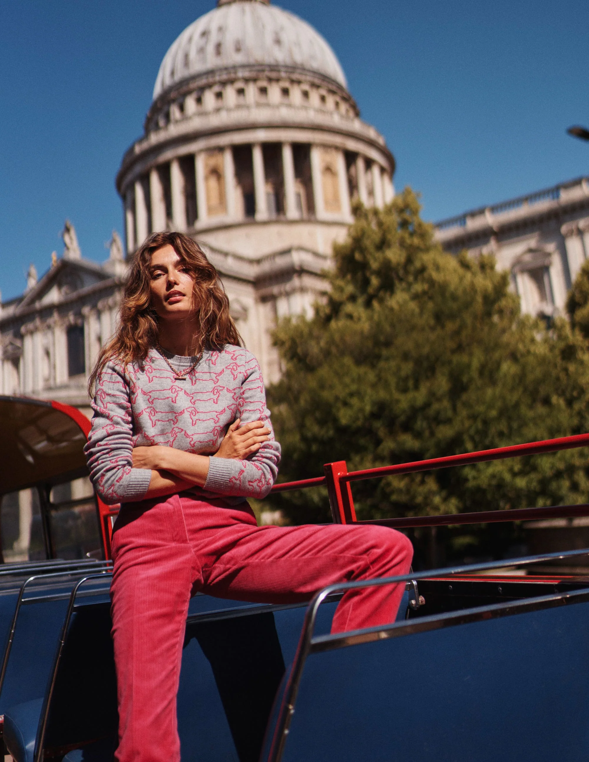 Heather Jacquard-Pullover-Grau Meliert, Rosa Dackel - Image 5