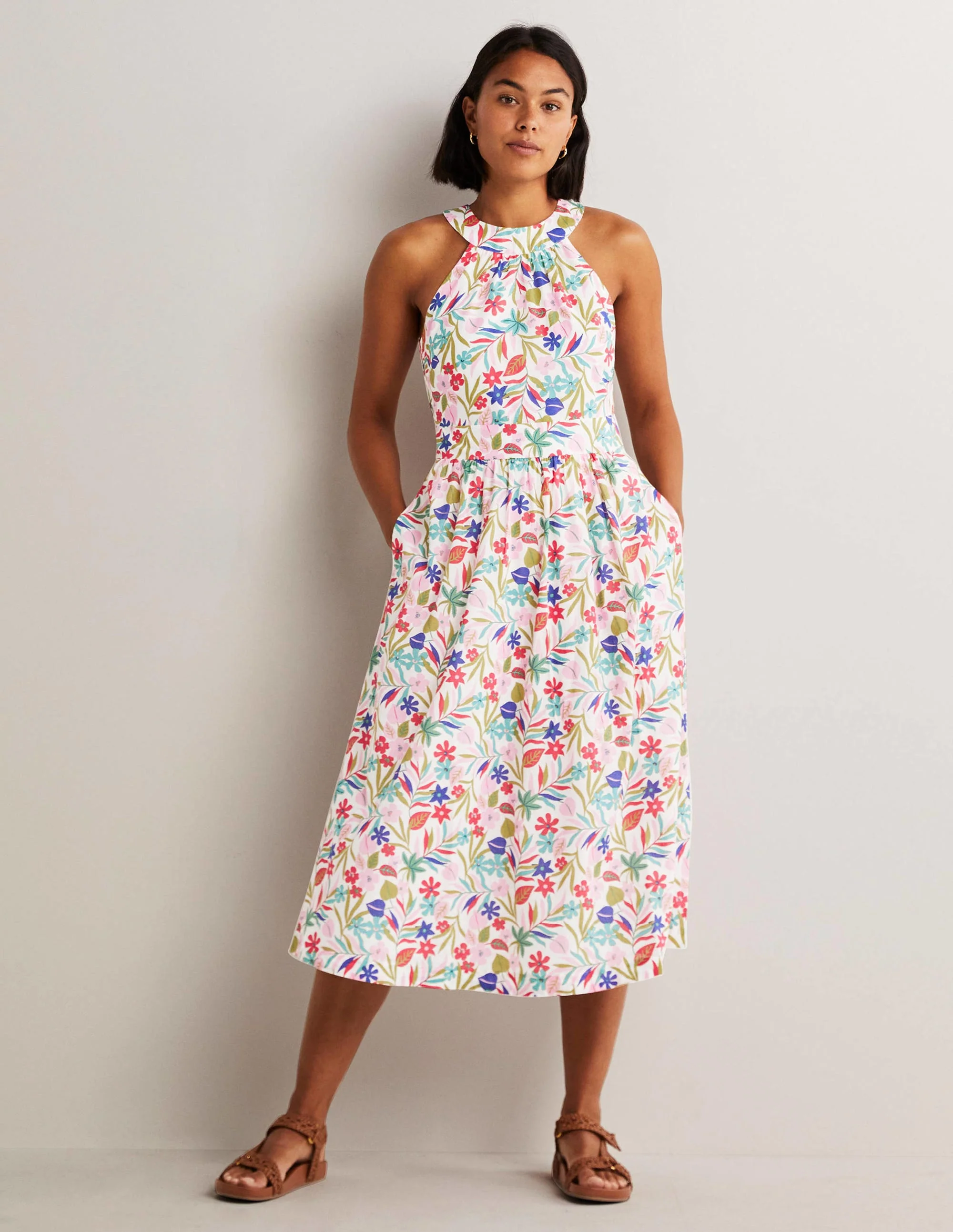 Heidi Neckholder-Midikleid-Bunt, Tropische Blätter
