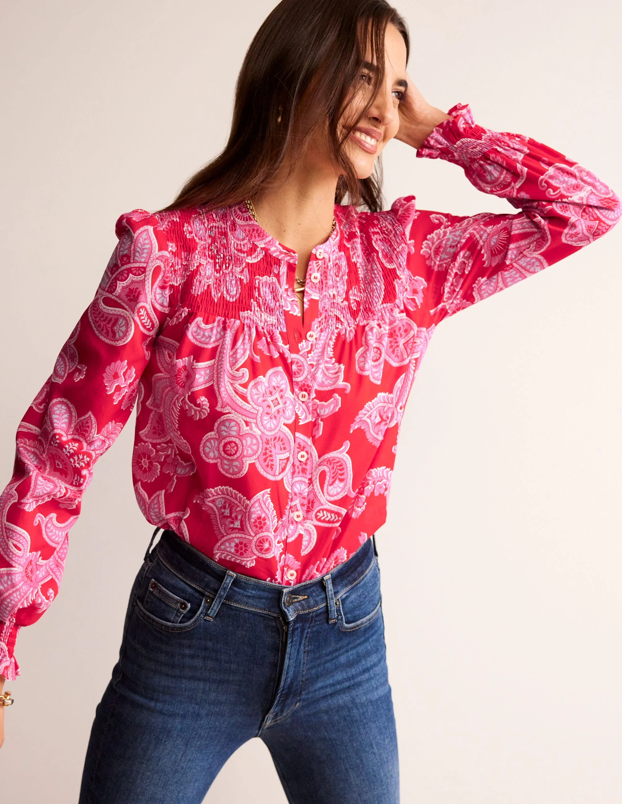 Helena Baumwoll-Bluse-Flame Scarlet, Cascade Paisley