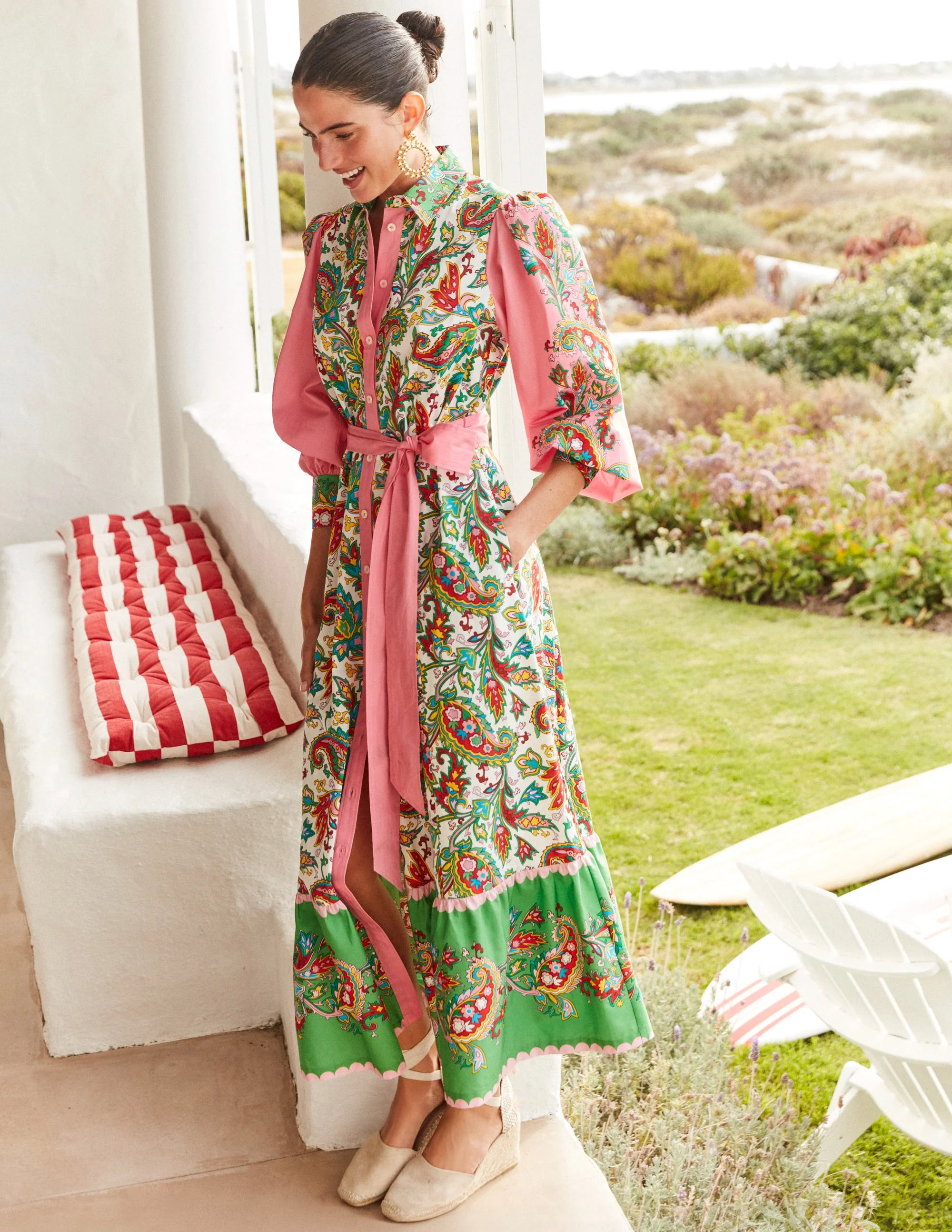 Hemdblusenkleid aus Baumwolle in Midilänge-Naturweiß, Paisley Azurblau - Image 5