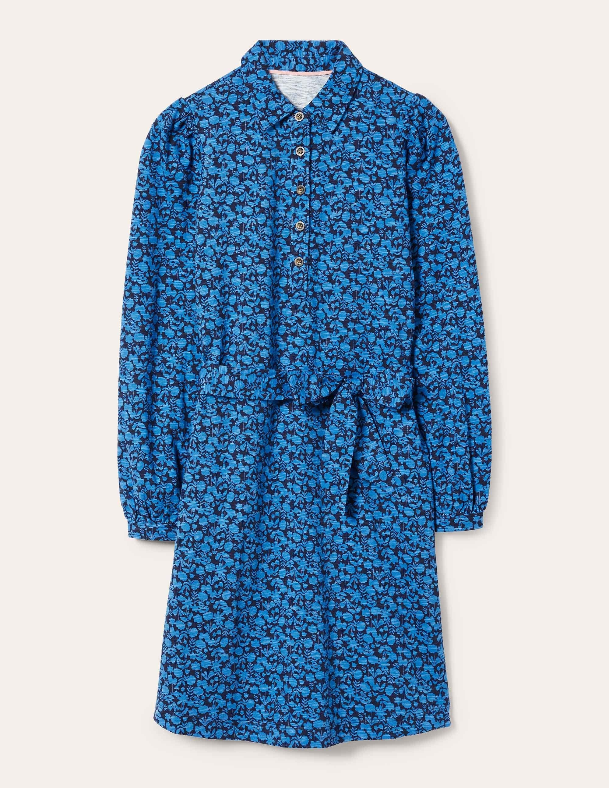 Hemdblusenkleid aus Jersey-Marokkoblau, Blüten - Image 5