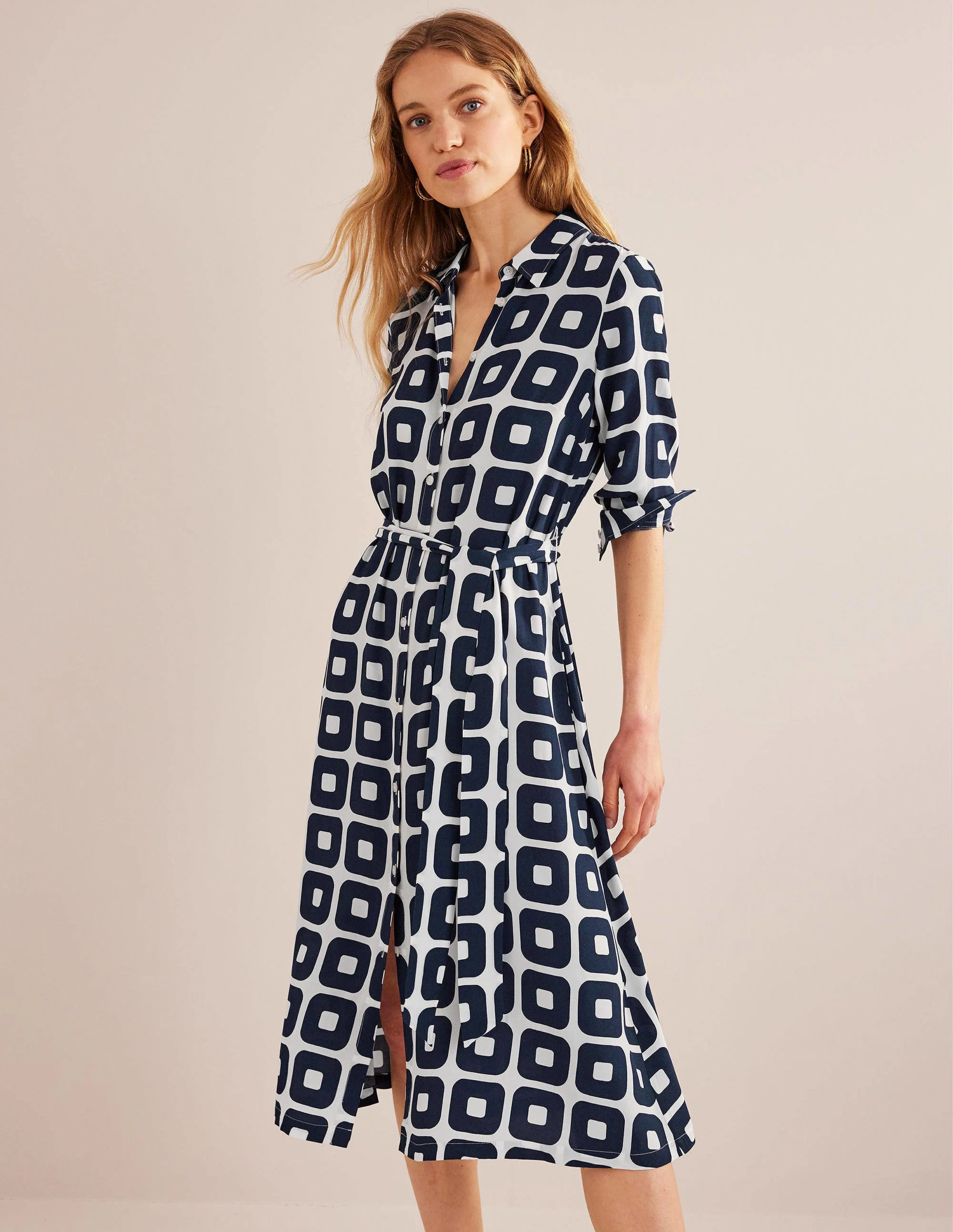 Hemdblusenkleid in Midilänge mit Muster-Französisches Marineblau, kleiner Würfel
