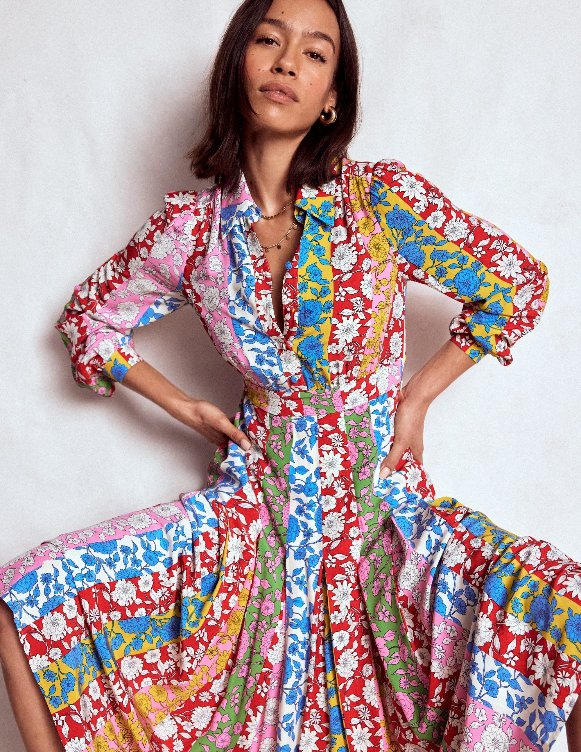 Hemdblusenkleid mit Faltenrock-Bunt, Kaskadenartige Dahlien Streifen
