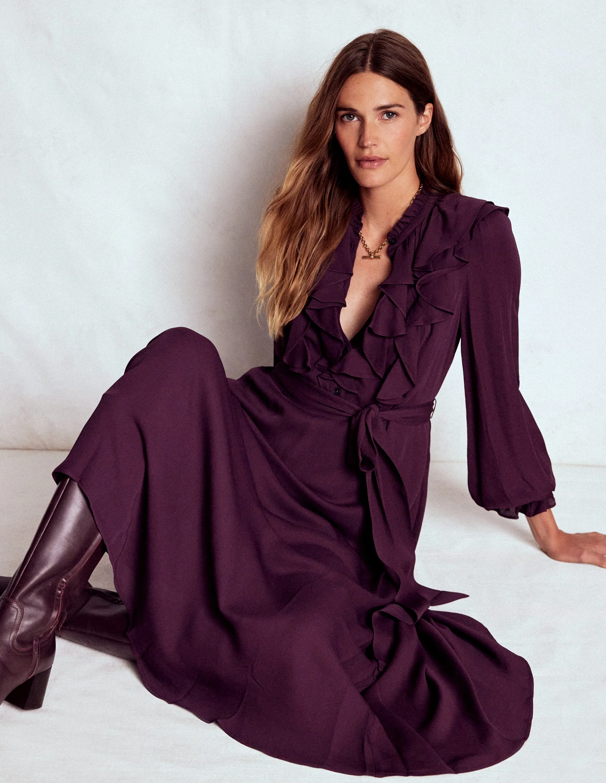Hemdblusenkleid mit Rüschen vorn-Dunkle Kirsche