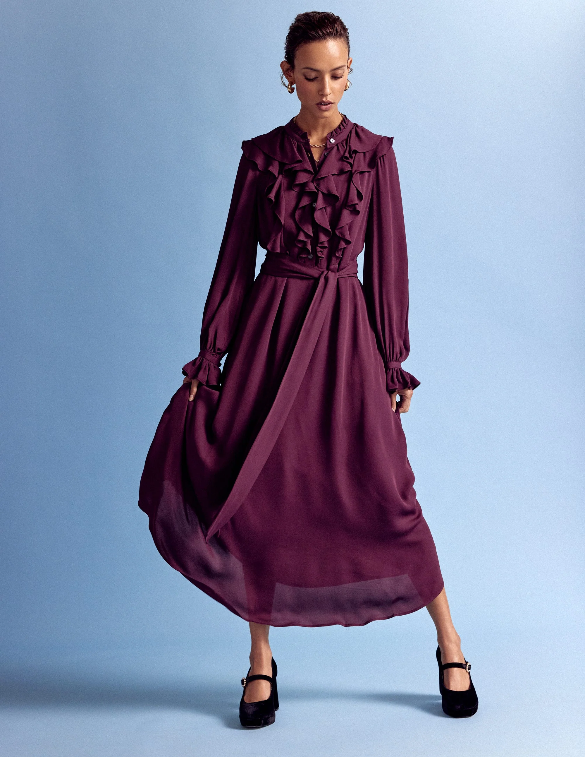Hemdblusenkleid mit Rüschen vorn-Dunkle Kirsche - Image 5