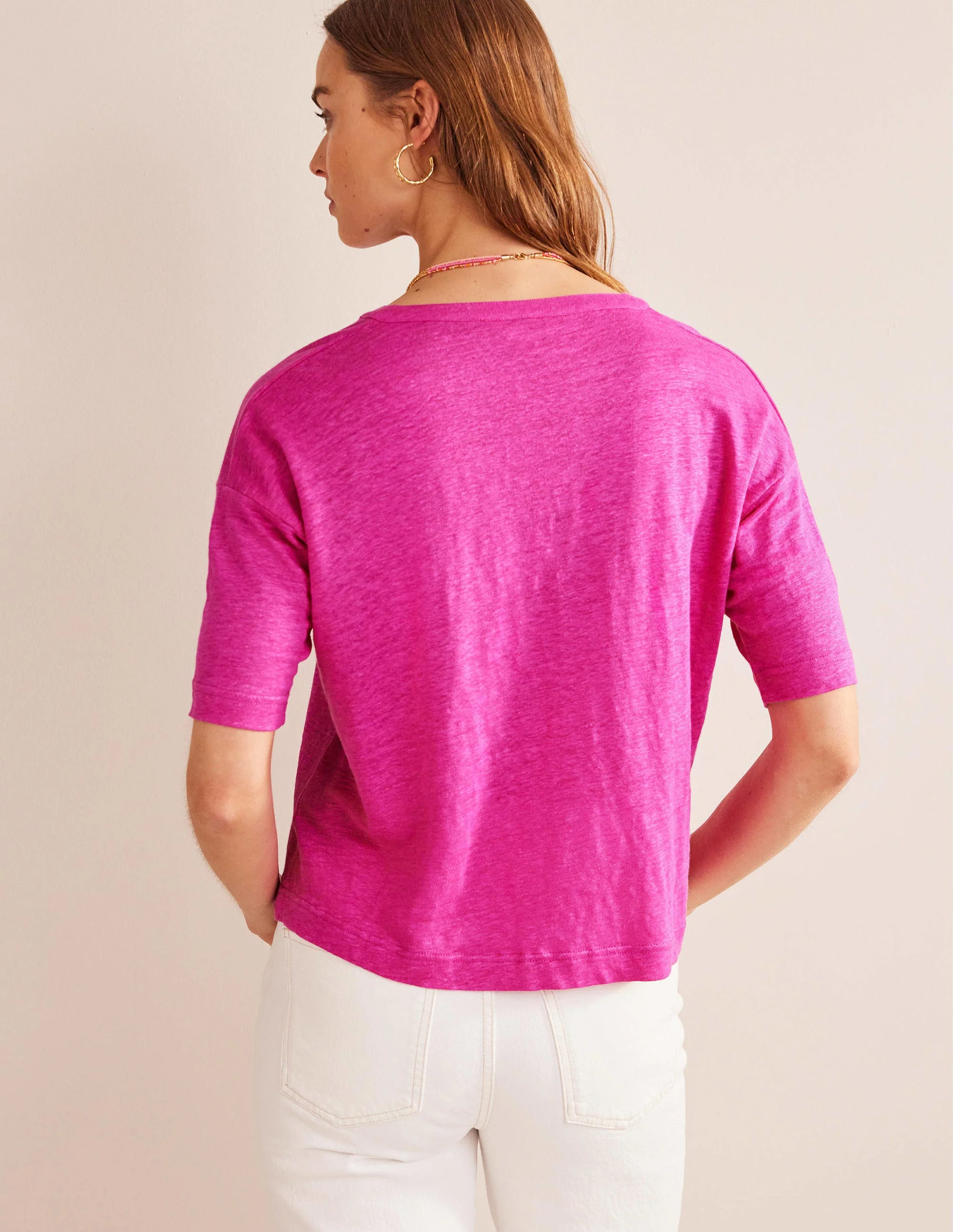 Henley-Oberteil aus Leinen mit gekerbtem Ausschnitt-Magenta - Image 3