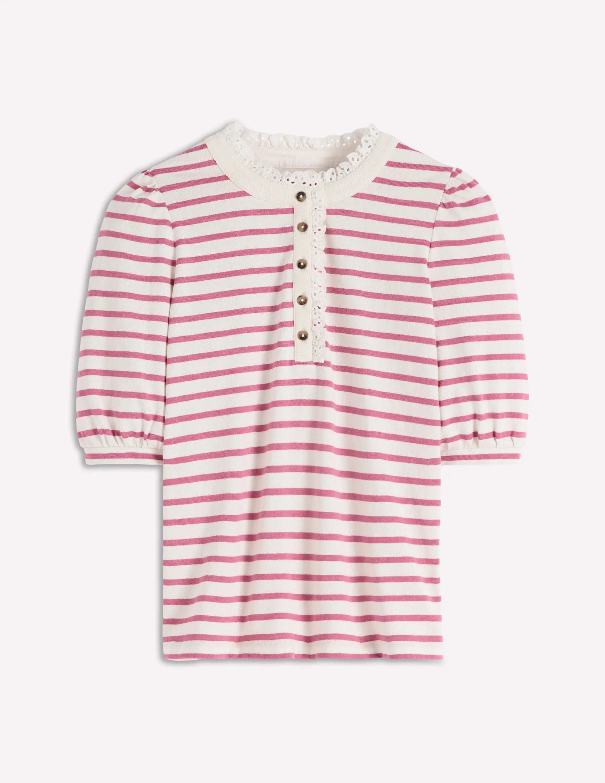 Henley-Oberteil mit Puffärmeln-Rosa Heidekraut, Naturweiß Streifen
