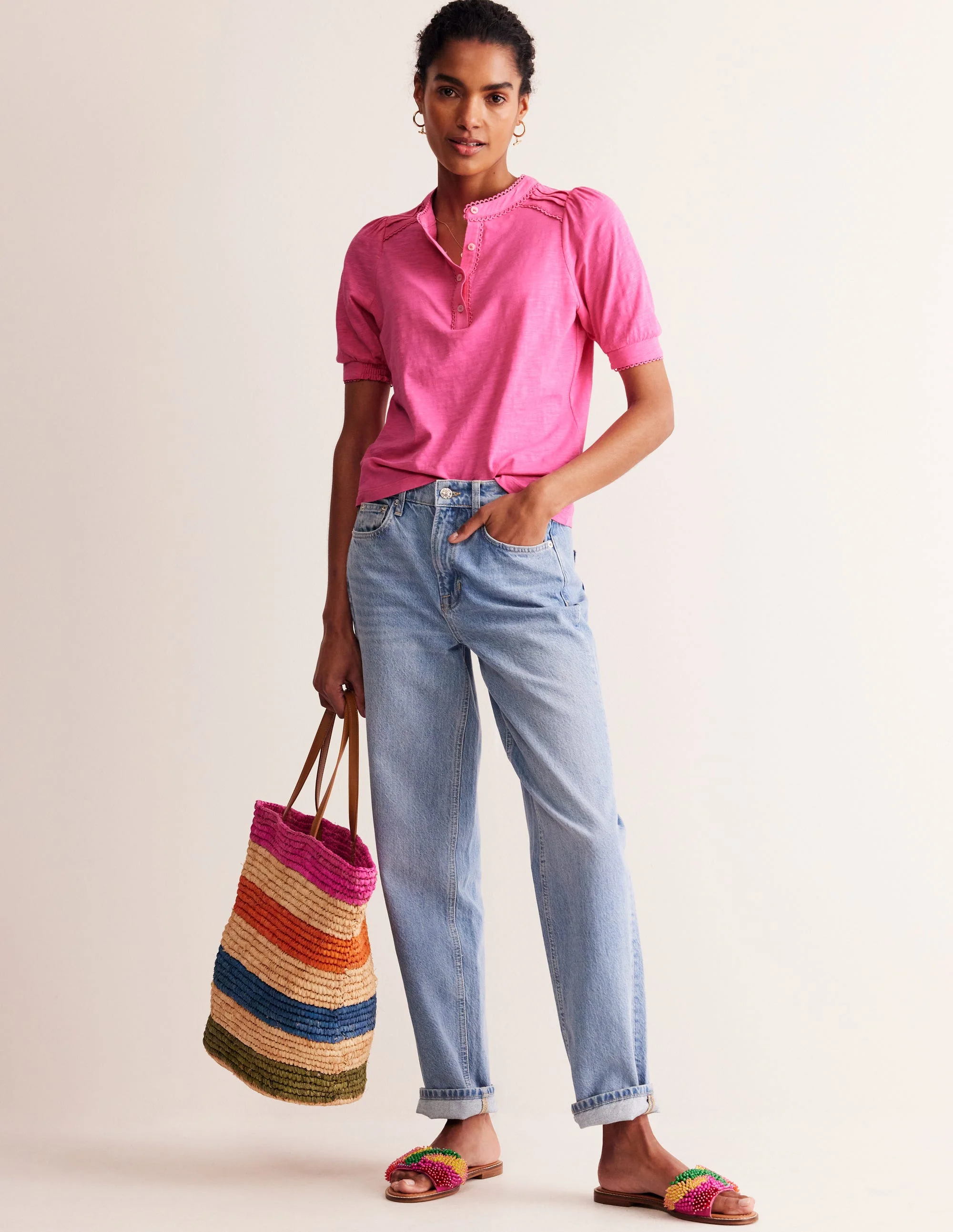 Henley-Shirt mit Biesen und Puffärmeln-Pink - Image 4