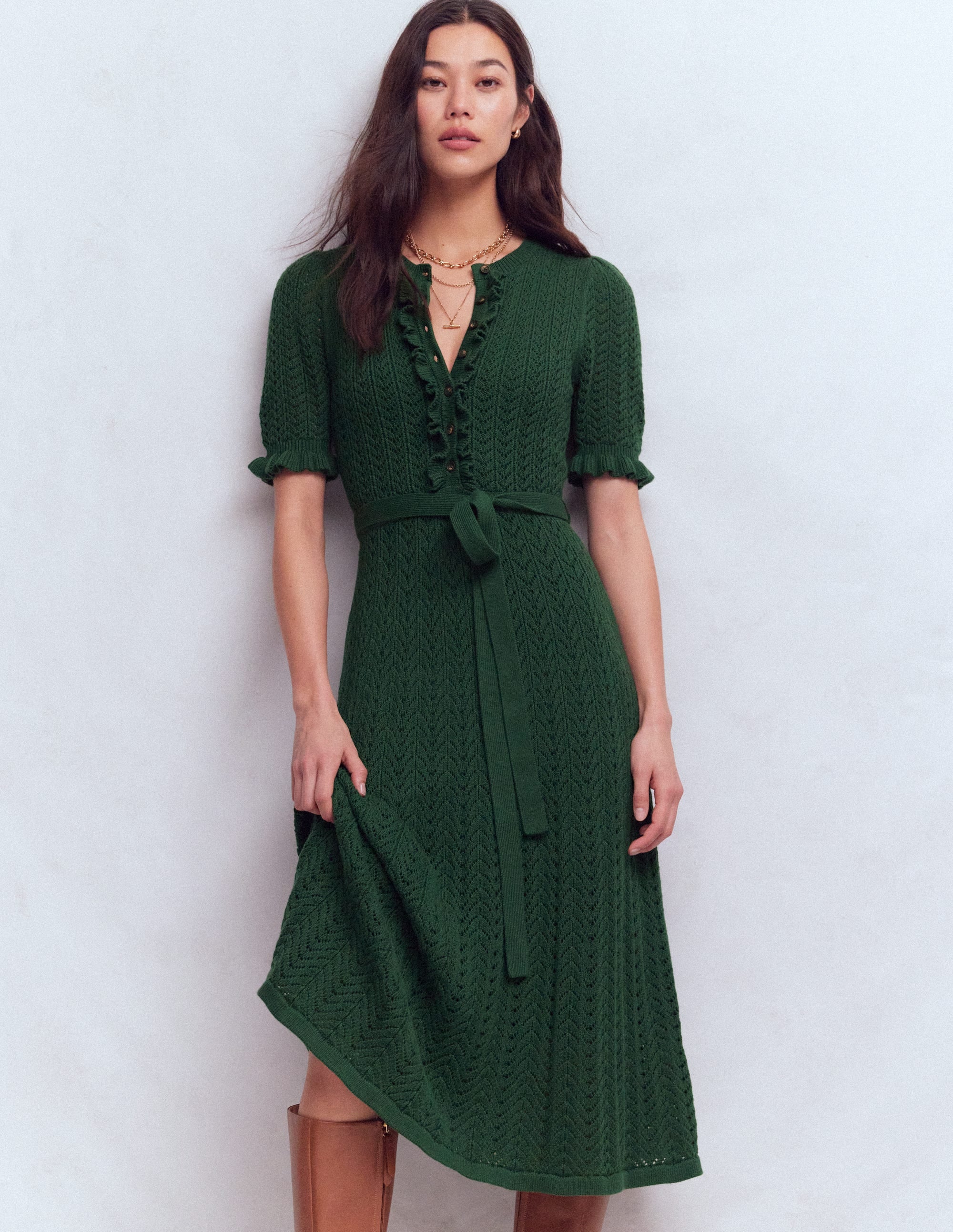 Henley-Strickkleid mit Rüschen-Jagdgrün