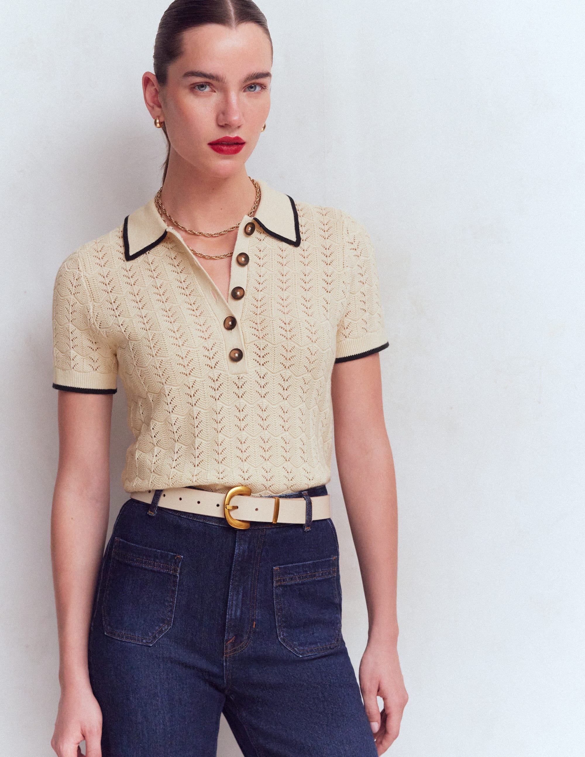 Henley-T-Shirt aus Pointelle-Creme