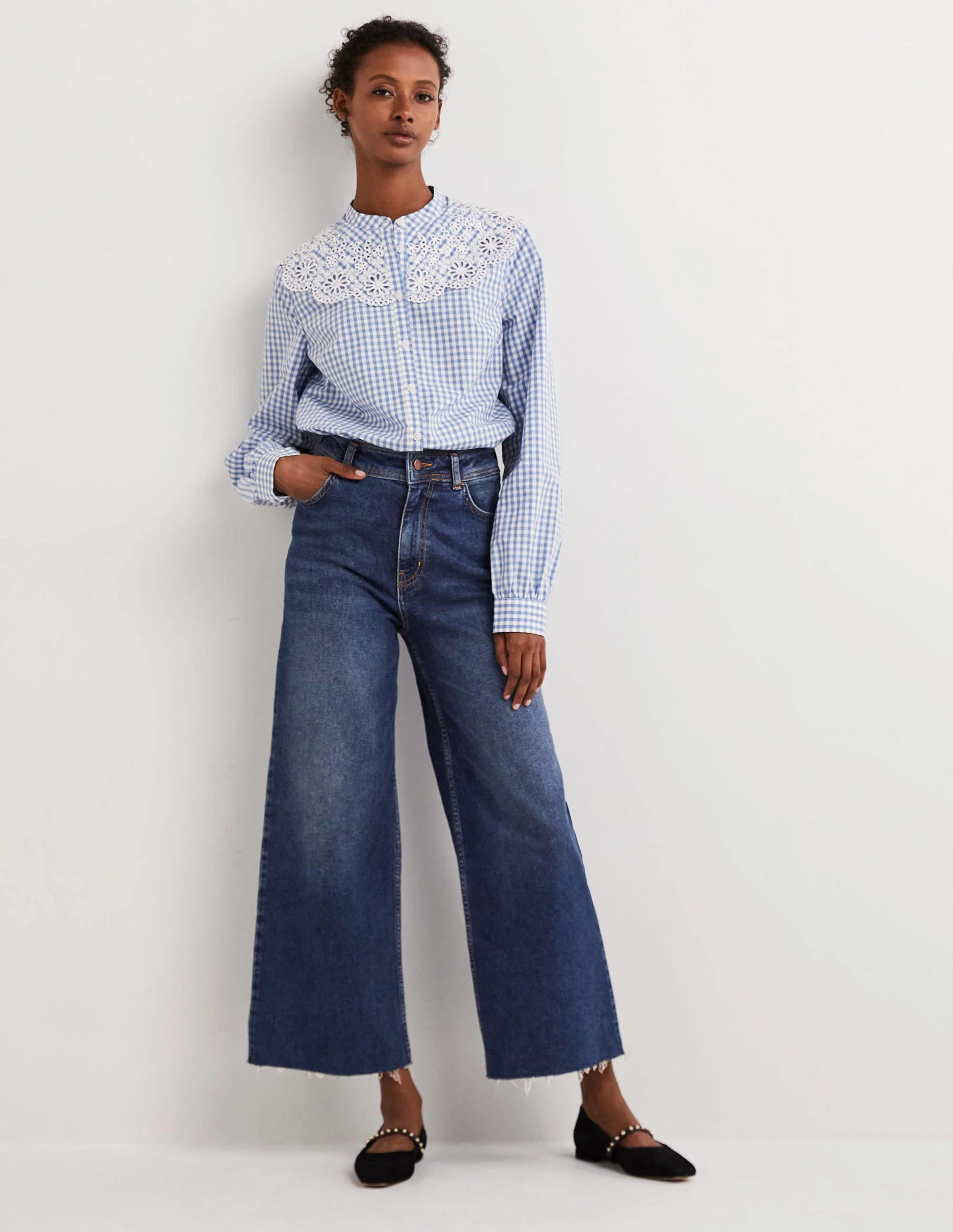 Hoch geschnittene Jeans mit weitem Bein-Mittleres Vintageblau, Beige Waschung