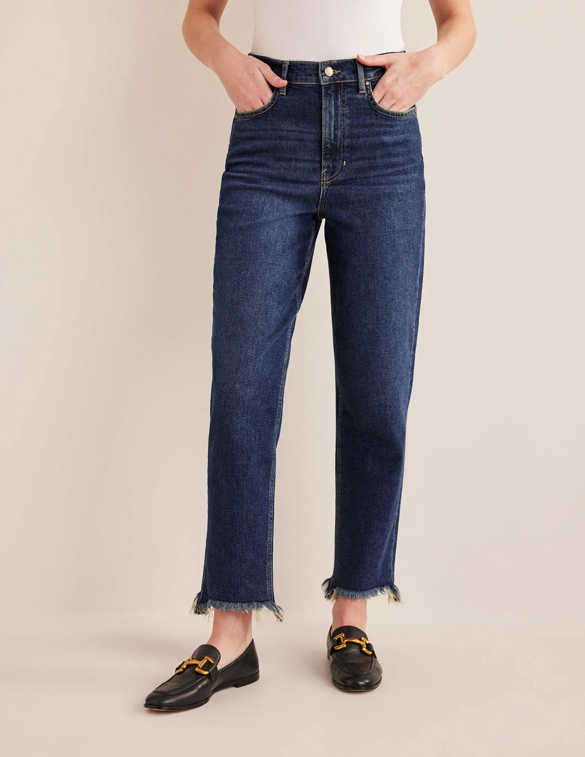 Hoch geschnittene klassische Röhrenjeans-Dunkles Vintagedenim, Gelb Getönt - Image 4