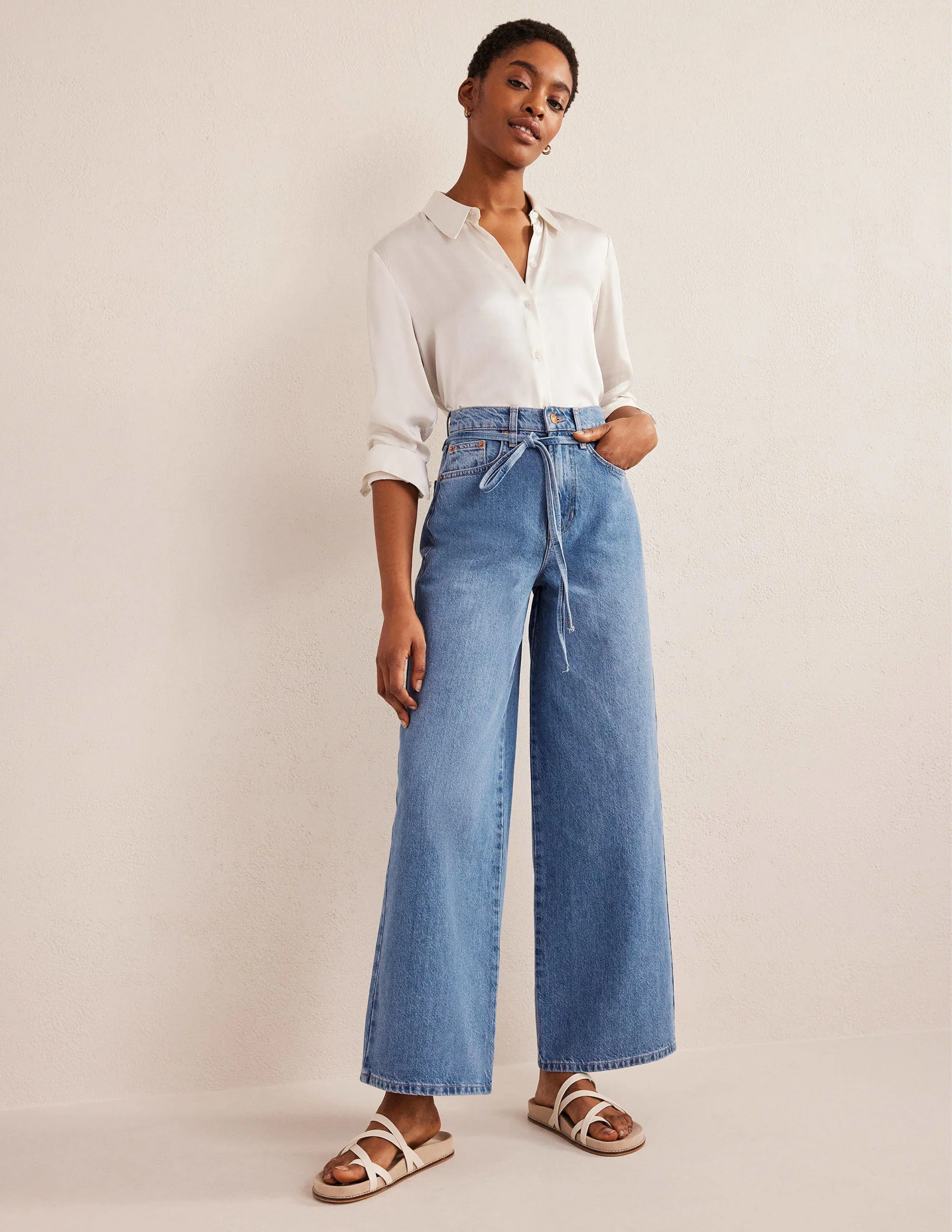 Hoch geschnittene, lässige Jeans mit weitem Bein-Mittleres Indigoblau