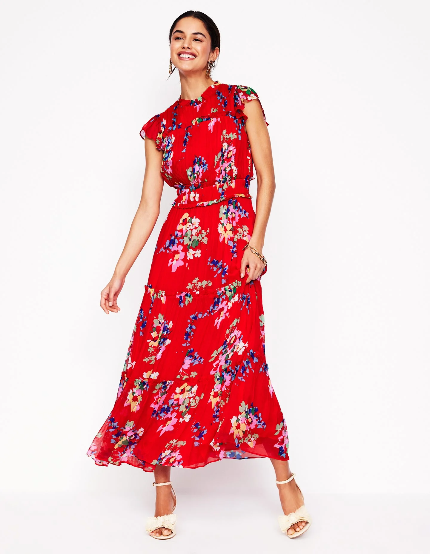 Hochgeschlossenes, ärmelloses Kleid-Rot, Zarte Blüten