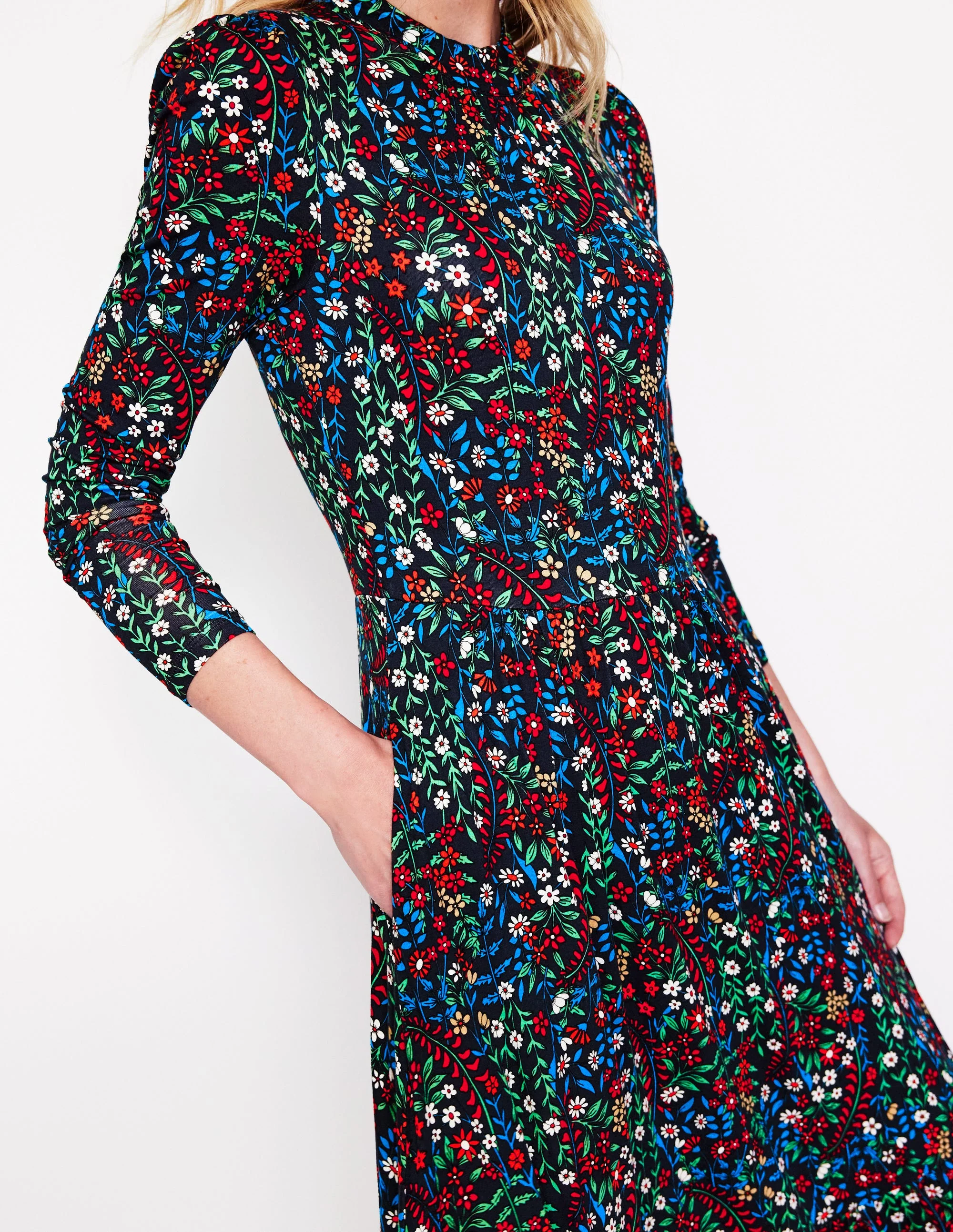 Hochgeschlossenes, gestuftes Jerseykleid-Marineblau, Knospenblätter - Image 2