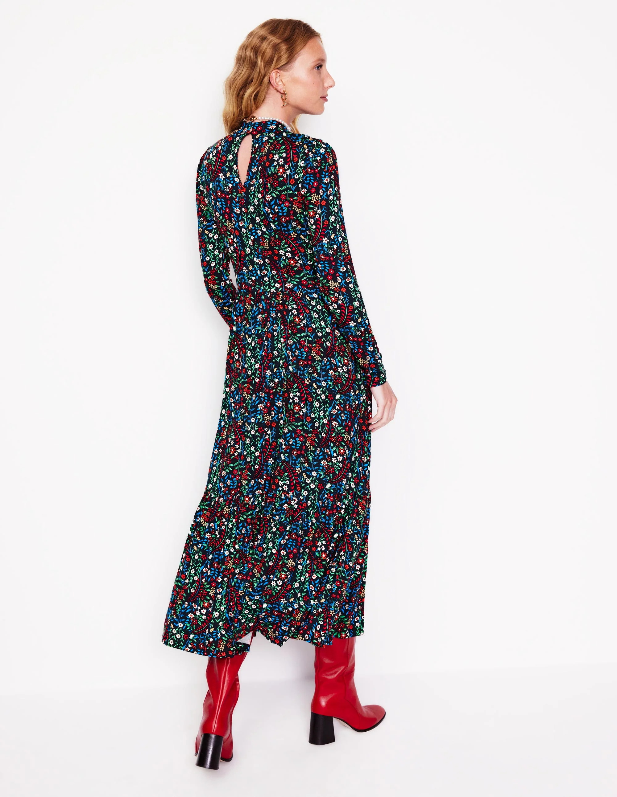Hochgeschlossenes, gestuftes Jerseykleid-Marineblau, Knospenblätter - Image 3