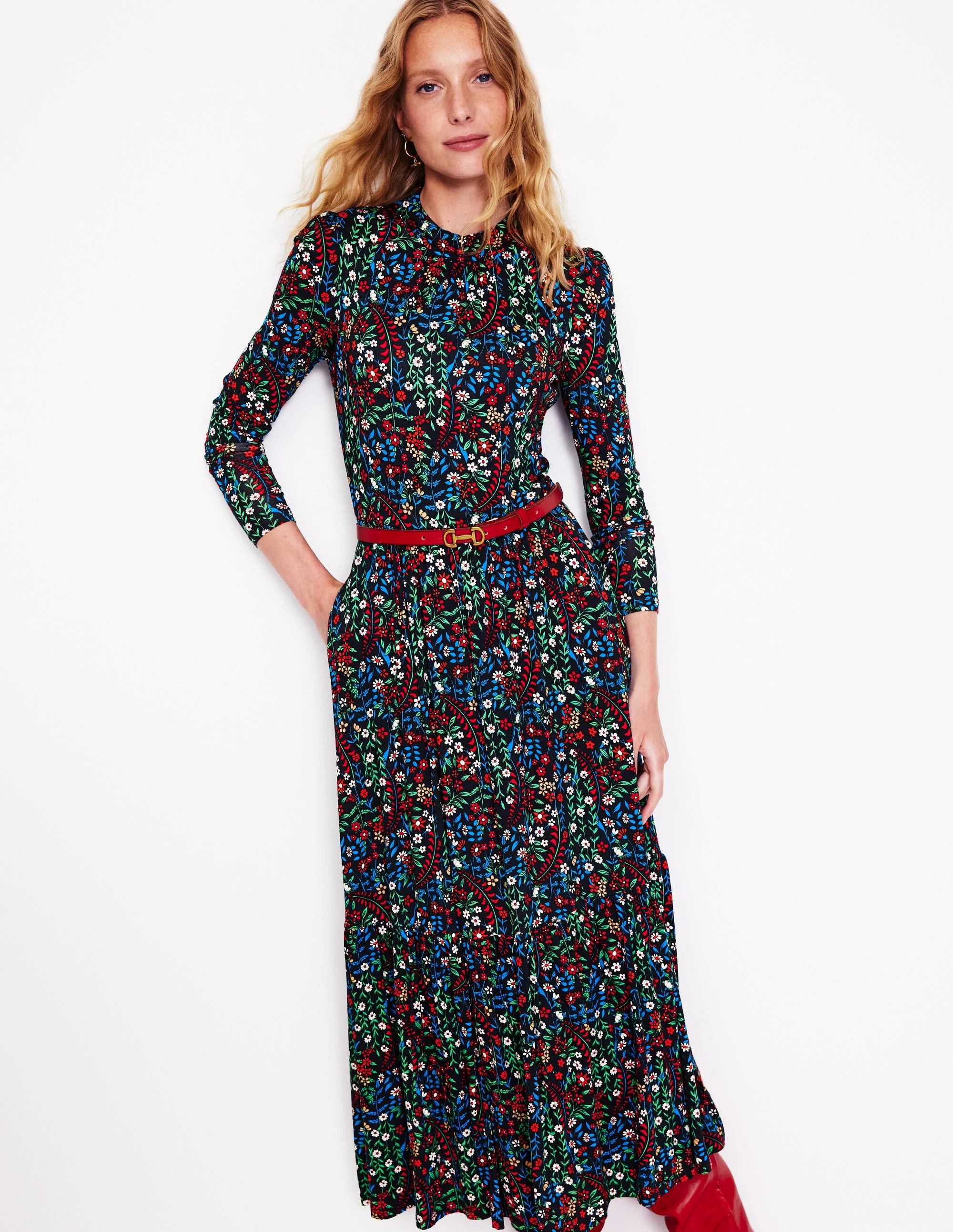 Hochgeschlossenes, gestuftes Jerseykleid-Marineblau, Knospenblätter - Image 4