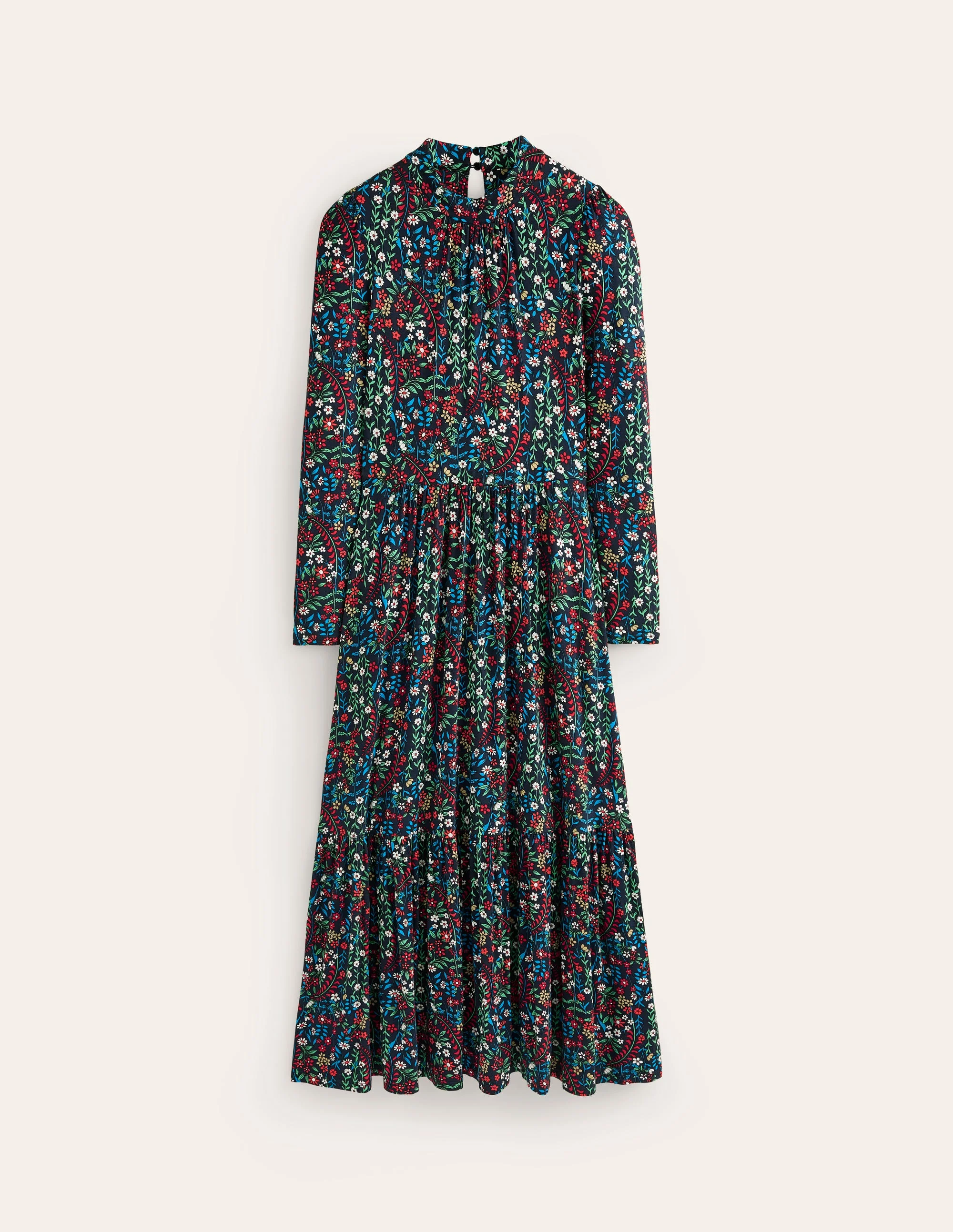 Hochgeschlossenes, gestuftes Jerseykleid-Marineblau, Knospenblätter - Image 5