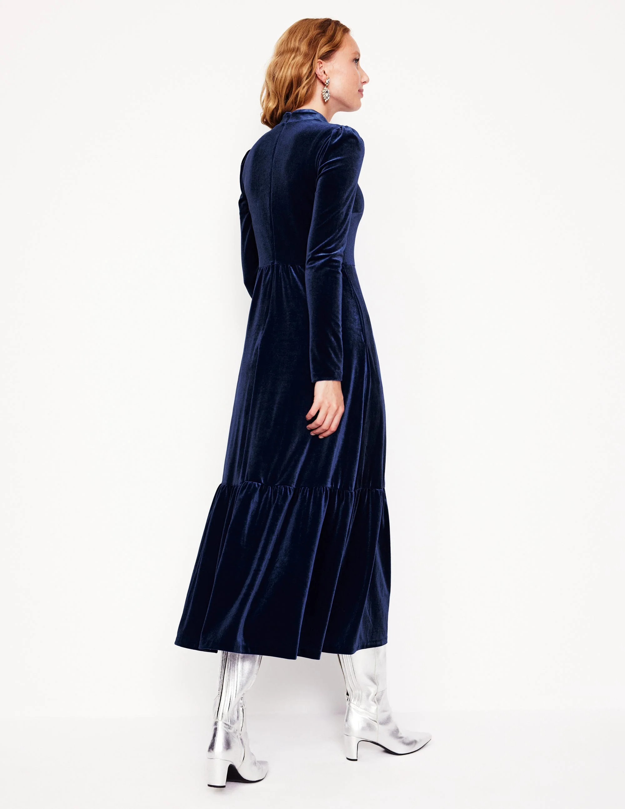 Hochgeschlossenes, gestuftes Samtkleid-Nachtblau - Image 3