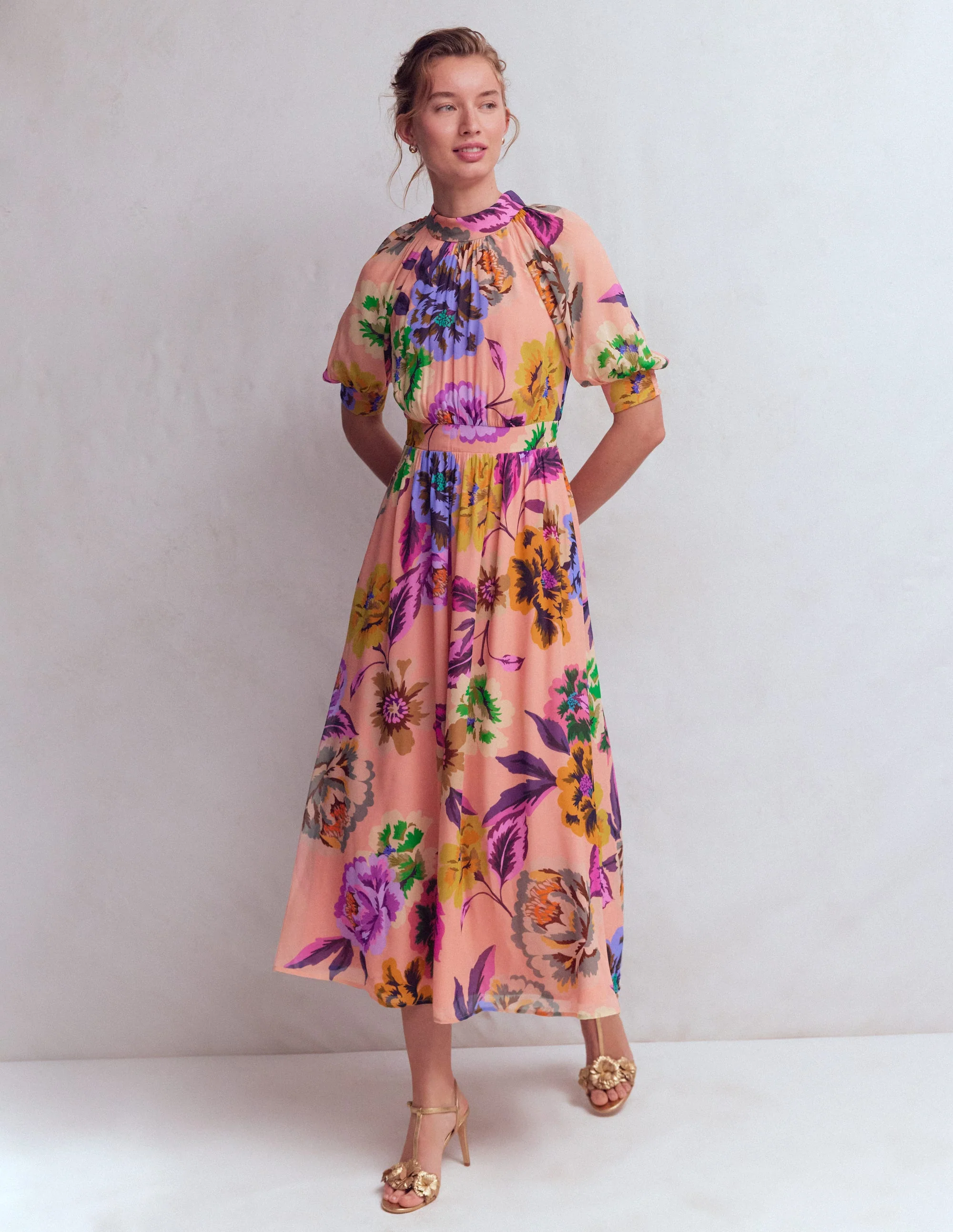 Hochgeschlossenes Kleid mit Blousonärmeln-Bunt Opulente Blüten - Image 2