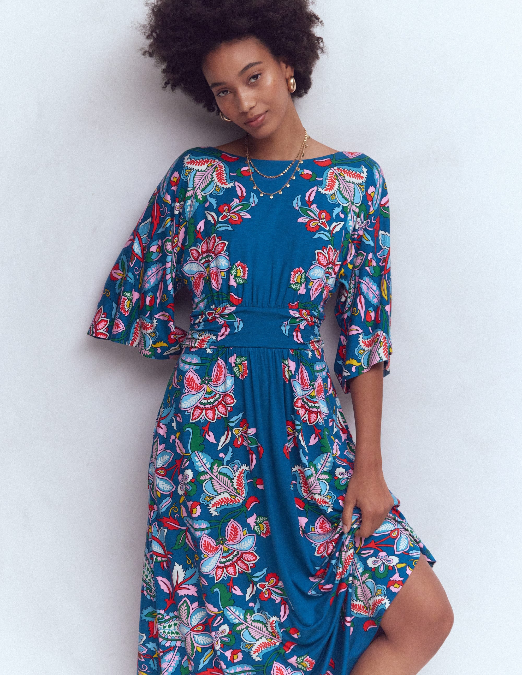 Imelda Jersey-Kimonokleid-Blau, Botanisch Kaskadenartig - Image 4