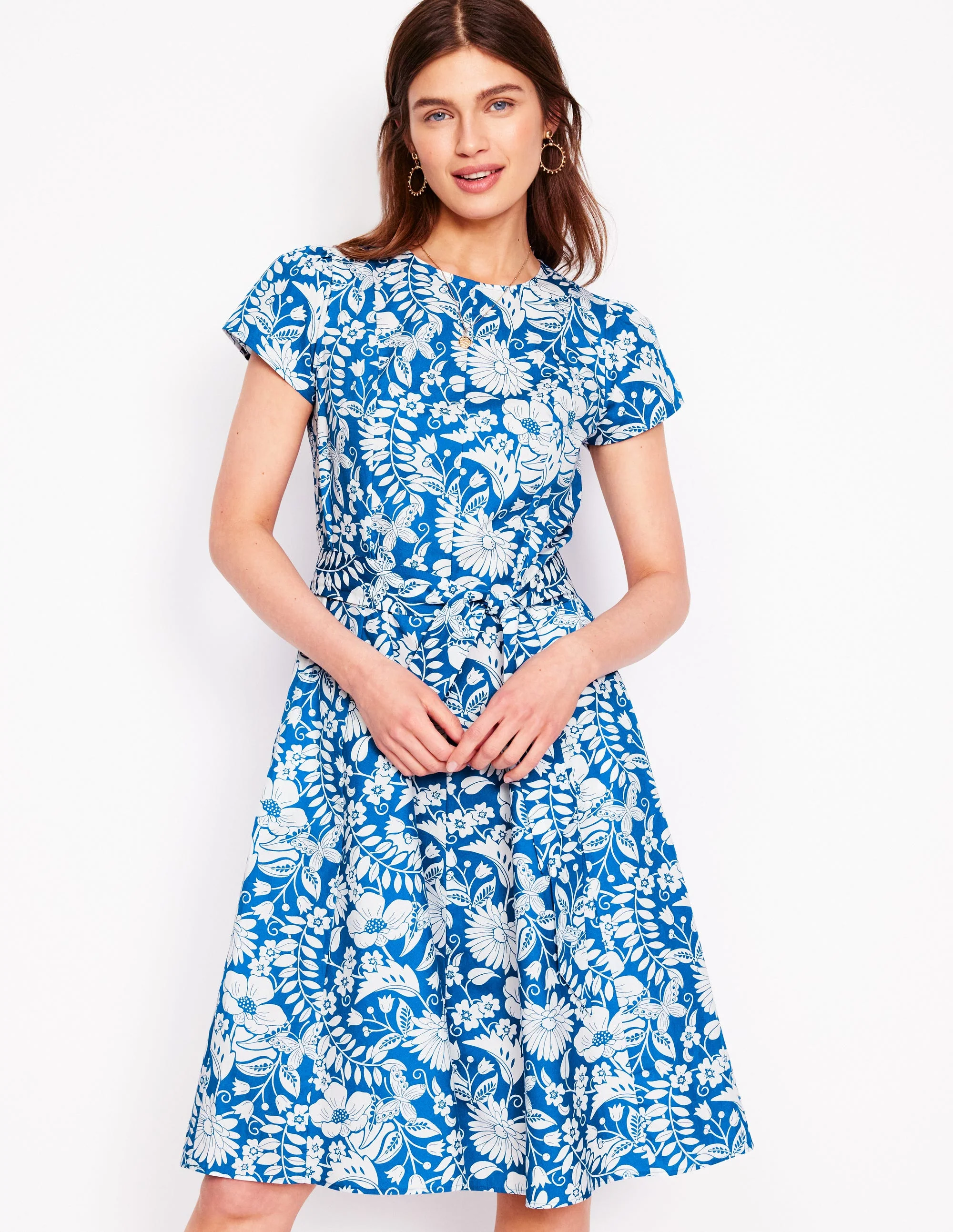 Imo Kurzes Godet-Kleid aus Baumwolle-Galerieblau, Kaskadenartige Wildblumen