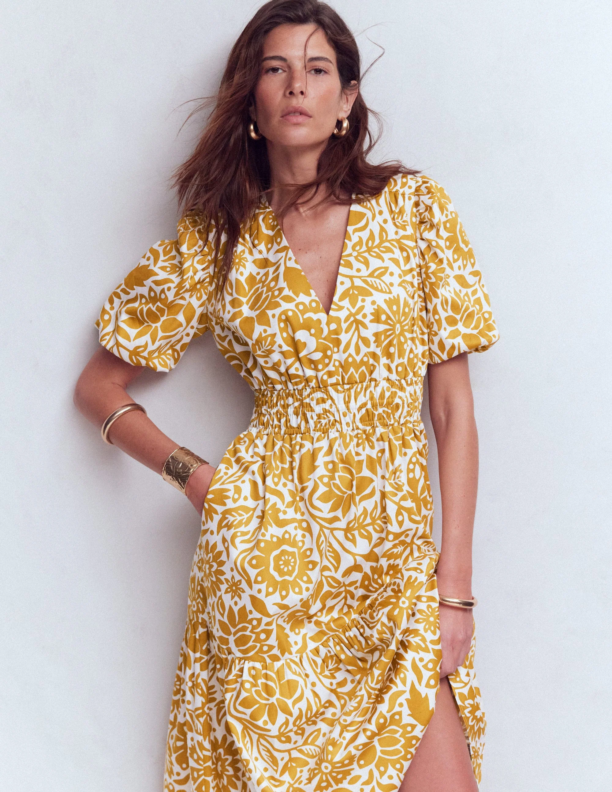 Irene Baumwollkleid mit Puffärmeln-Goldweizen, Großflächiges Wiesenmuster - Image 5
