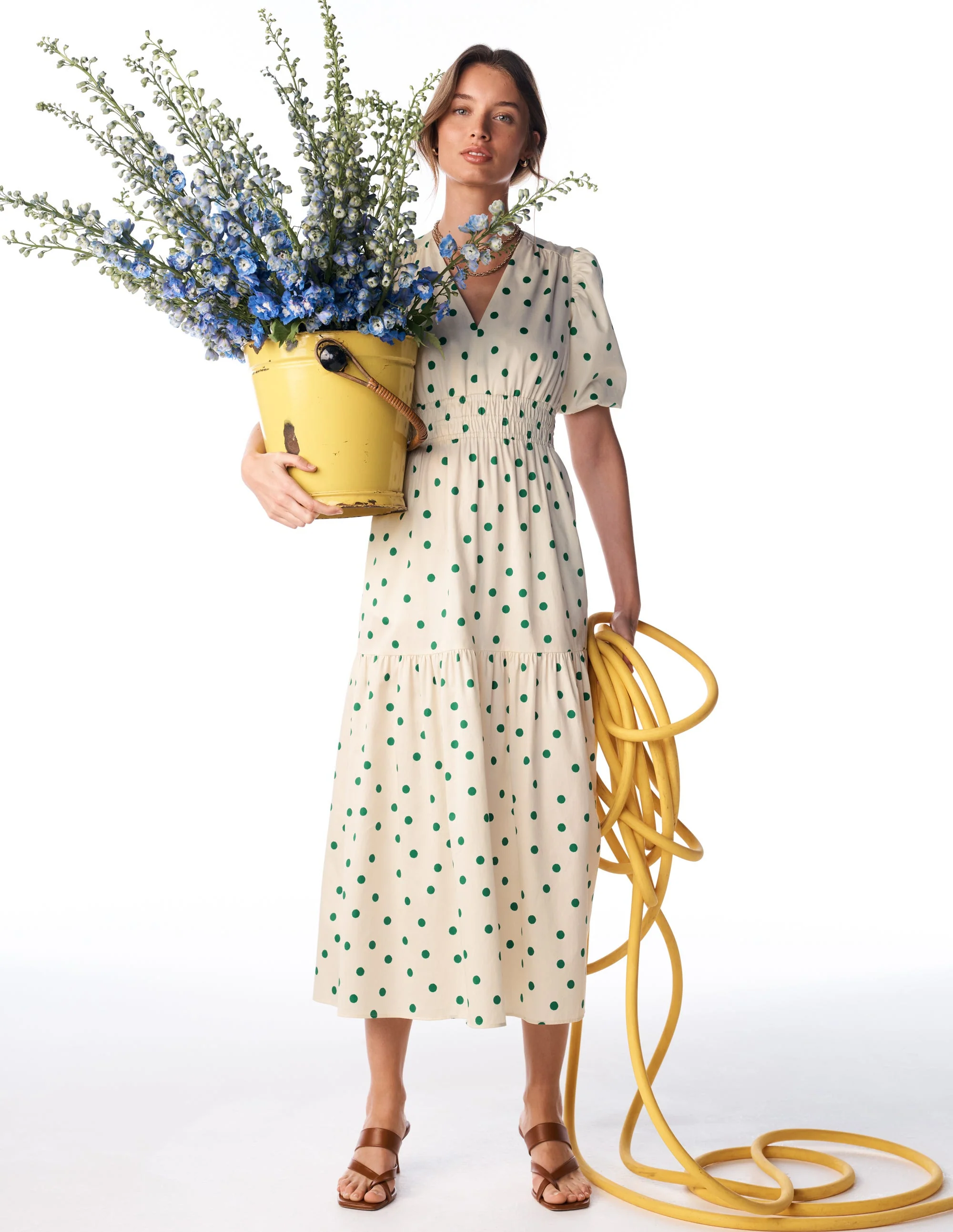 Irene Baumwollkleid mit Puffärmeln-Naturweiß Grün Punkte