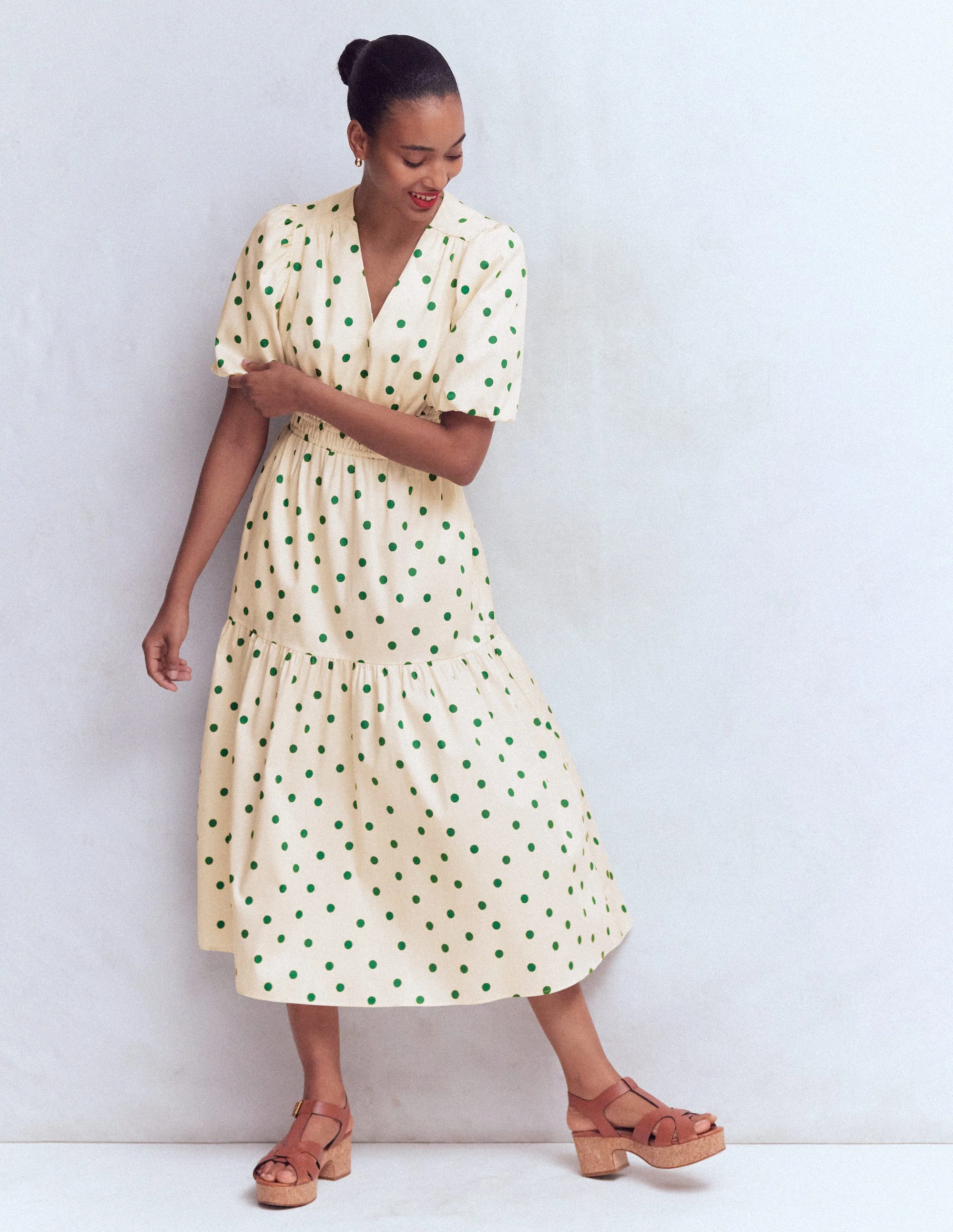 Irene Baumwollkleid mit Puffärmeln-Naturweiß Grün Punkte - Image 5