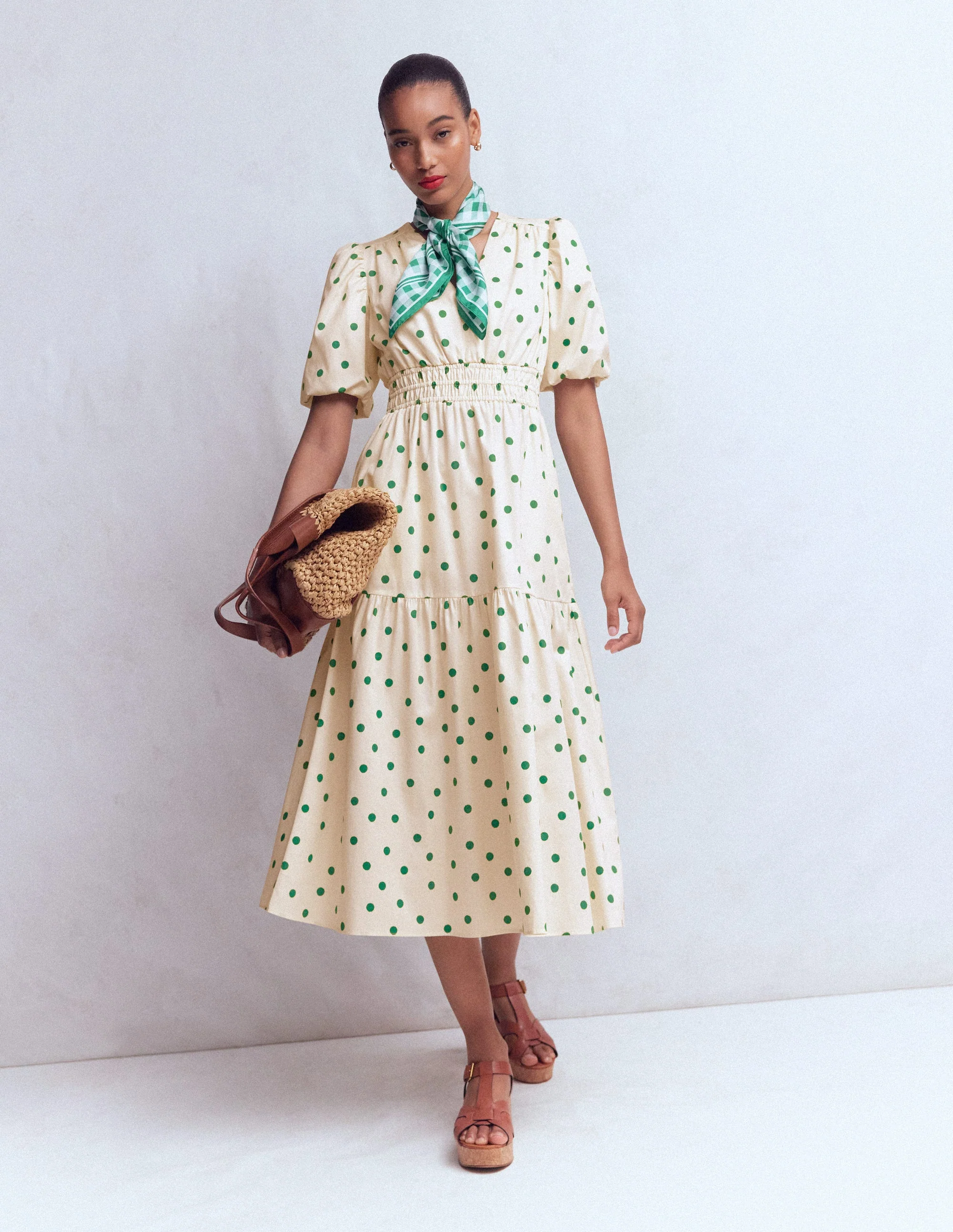 Irene Baumwollkleid mit Puffärmeln-Naturweiß Grün Punkte - Image 6