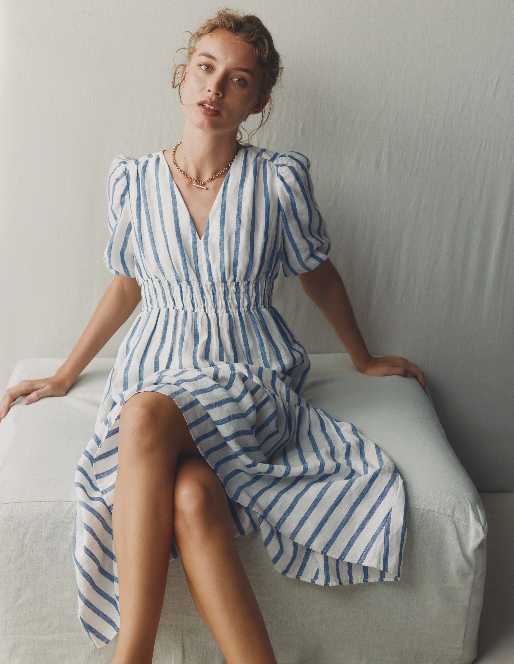 Irene Midikleid aus Leinen-Blau Streifen - Image 6