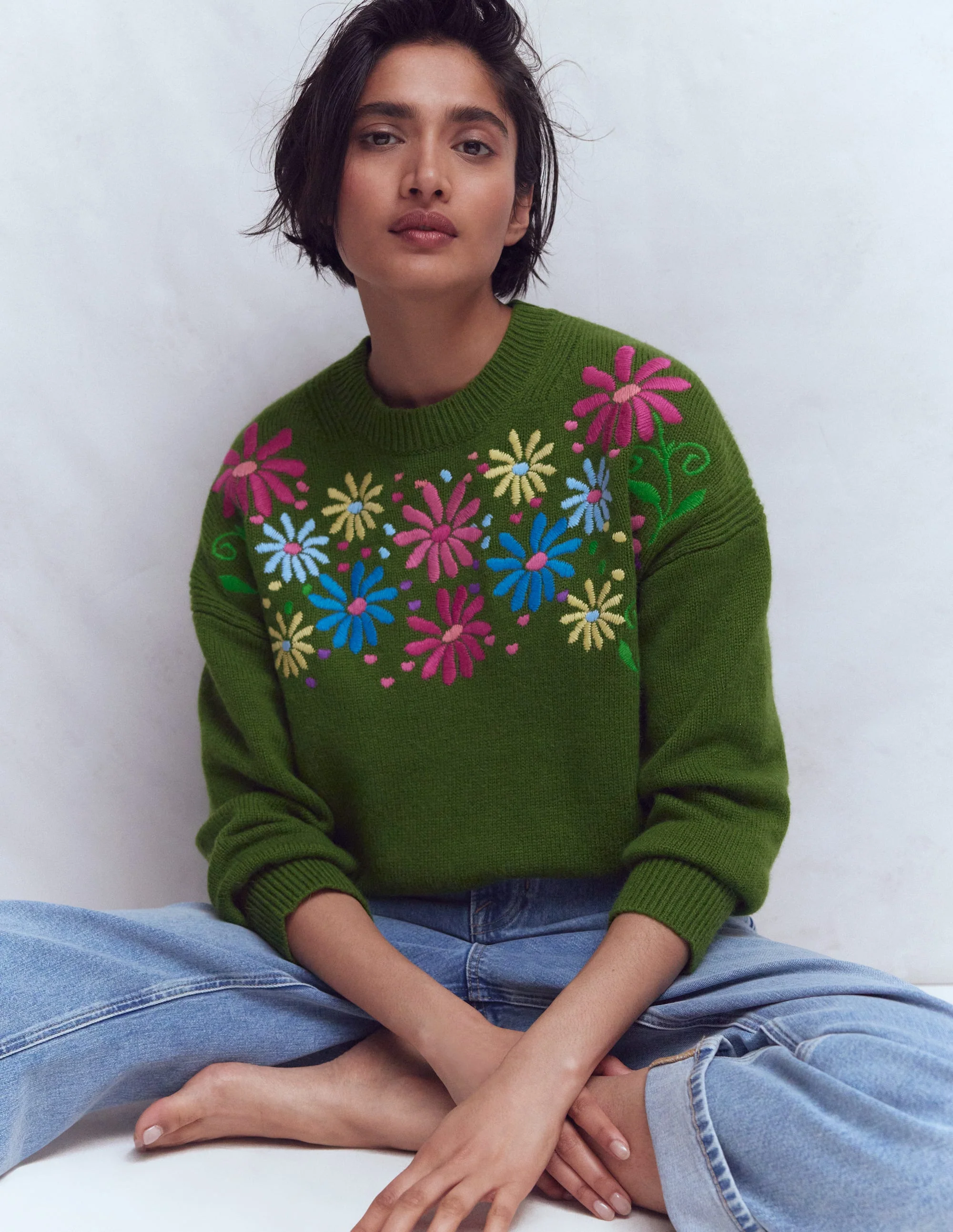 Isa Bestickter Pullover-Kräutergarten, Grün Blumen