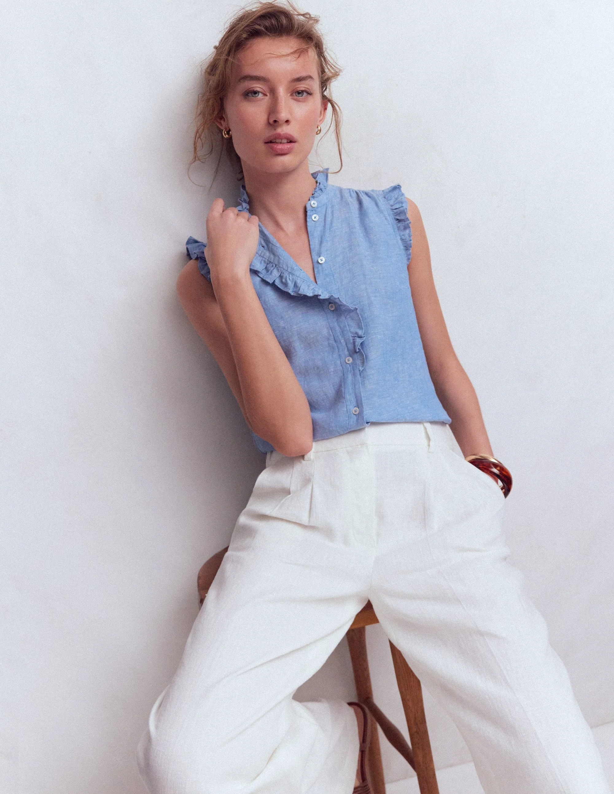 Isabel Ärmelloses Leinenoberteil-Blauer Faux-Uni